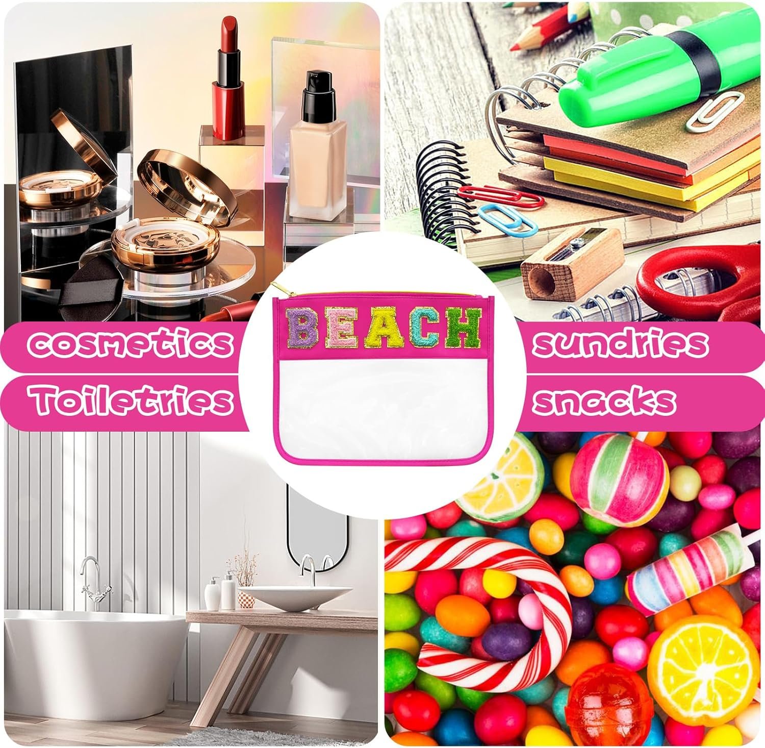 Custom Logo Chenille Letter Clear Beach Bag Nylon Makeup Zipper Pouch Private Label Travel Cosmetic Toiletry SPF Sunscreen Bag Waterproof Beach Vacation Accessories for Women Rose Red Manufacturer