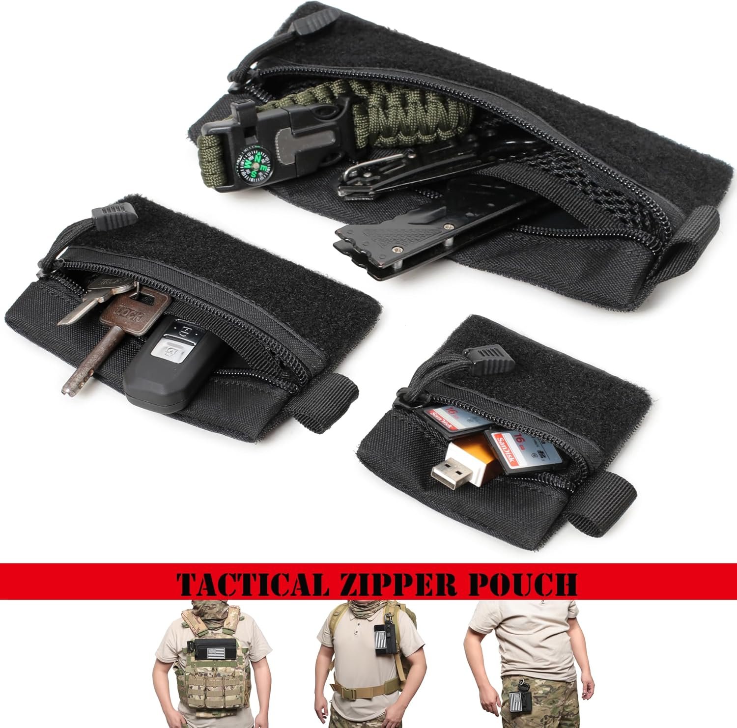 Private Label 3 Pieces Mini Tactical Tool Zipper Pouch with US Patches D-Ring Clips Manufacturer Expansion EDC Organizer Bag Insert Utility Storage Hook Fasteners for Vest Backpack Custom Logo