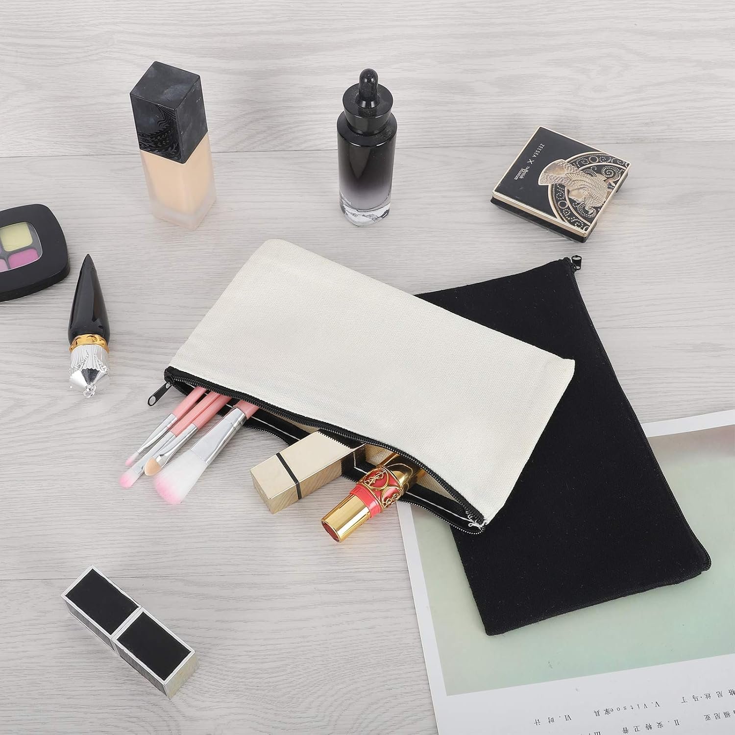 Custom Logo 12 Pieces Black Cotton Canvas Makeup Bags Private Label Multipurpose Zipper Travel Toiletry Pouches Blank DIY Craft Manufacturer (Black, M)