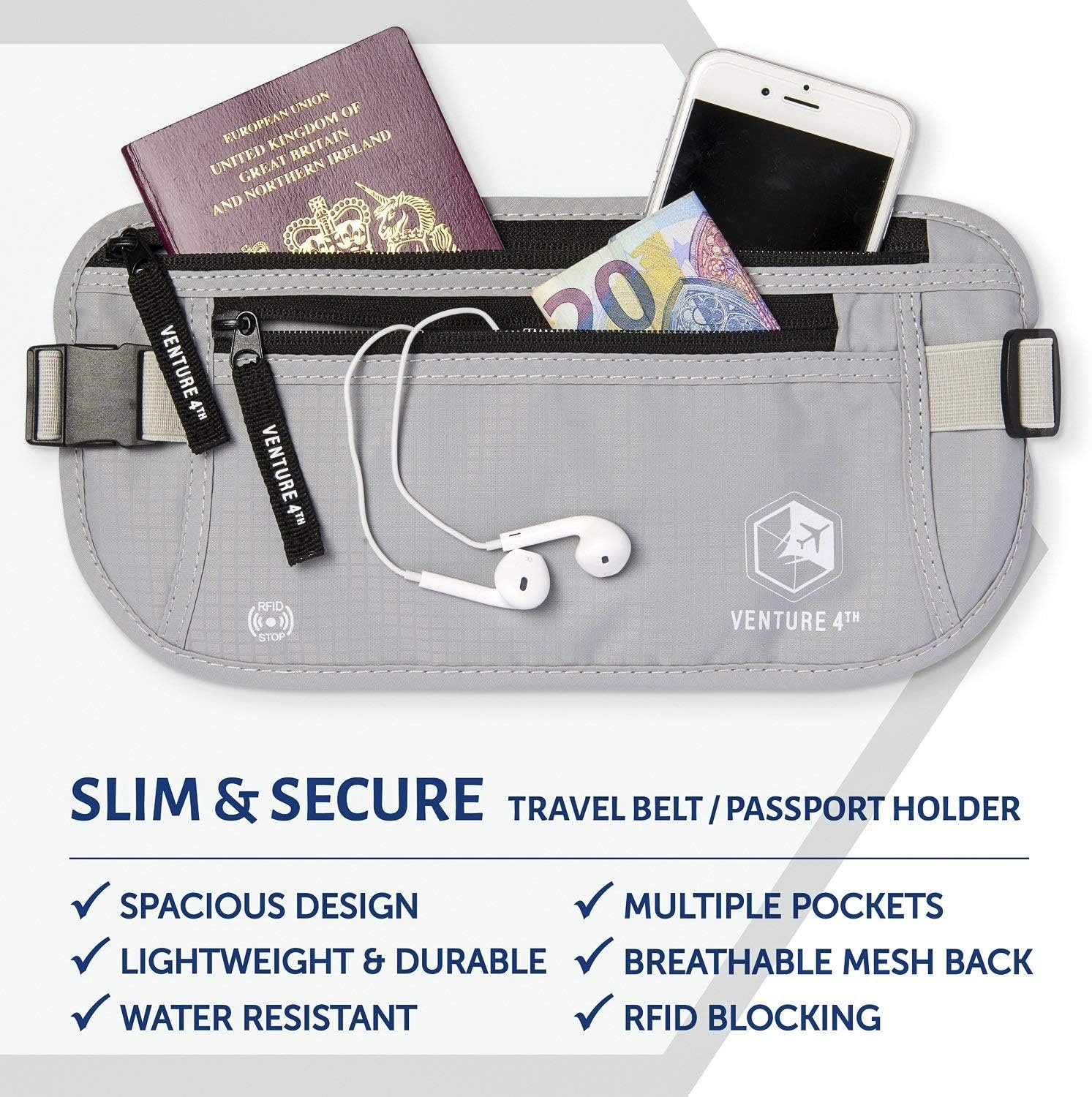 Custom Logo Money Belt for Travel – Hidden Under-Clothes RFID Blocking Private Label Passport Holder & Slim Travel Wallet Pouch for Men & Women Protecting Cash Cards & Documents Manufacturer (Silver)