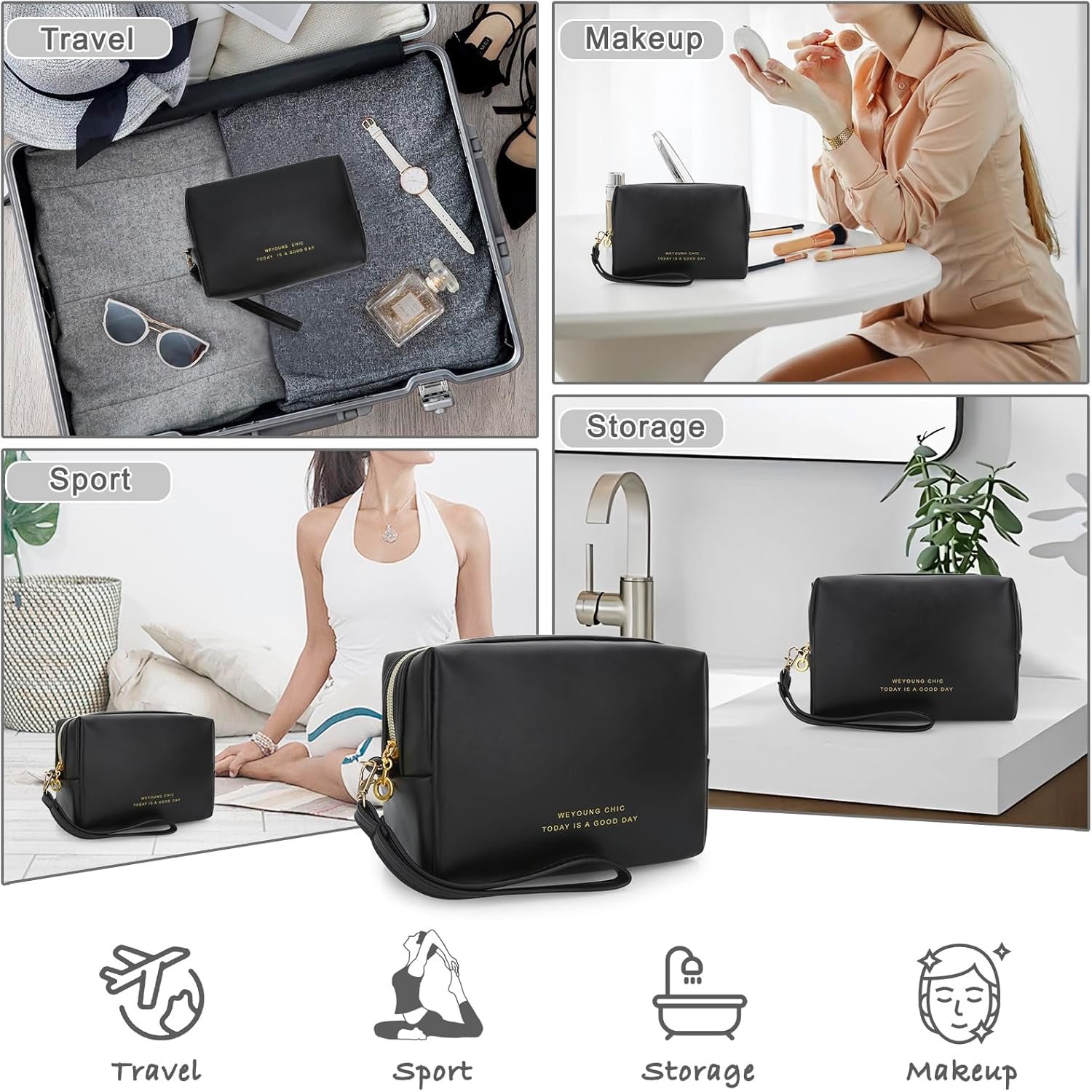 Manufacturer Small Makeup Bag Travel Cosmetic Toiletry Zipper Pouch Private Label Organizer with Handle Soft PU Leather Skincare Case Custom Logo for Women (Black)