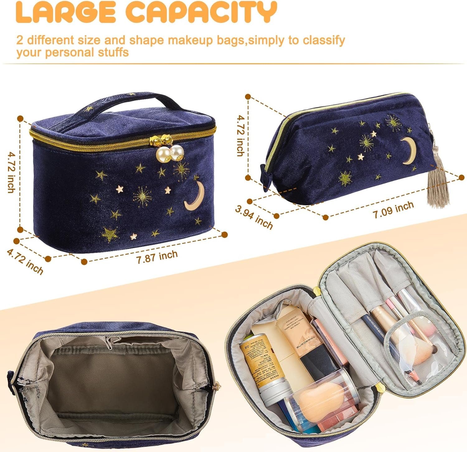 Private Label 2 Pcs Navy Blue Velvet Makeup Bags Moon Stars Goth Embroidered Cosmetic Pouches Custom Logo Portable Travel Starry Toiletry Wash Storage Clutch Manufacturer