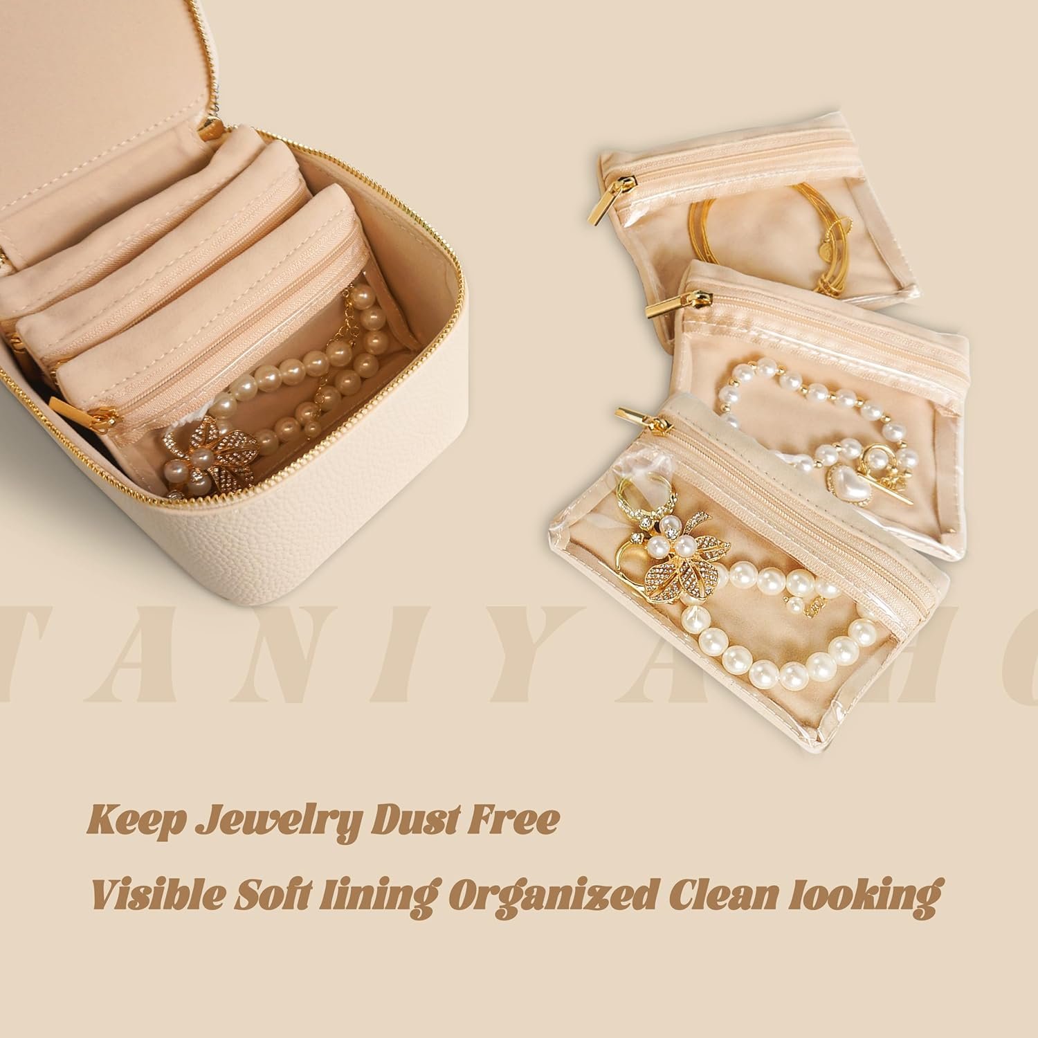Private Label 6 Pcs Travel Jewelry Organizer Velvet Mini Pouch with Clear Zipper Pocket Custom Logo Lightweight Storage for Rings Earrings Necklaces Traveling Gift for Women Girls Beige Manufacturer