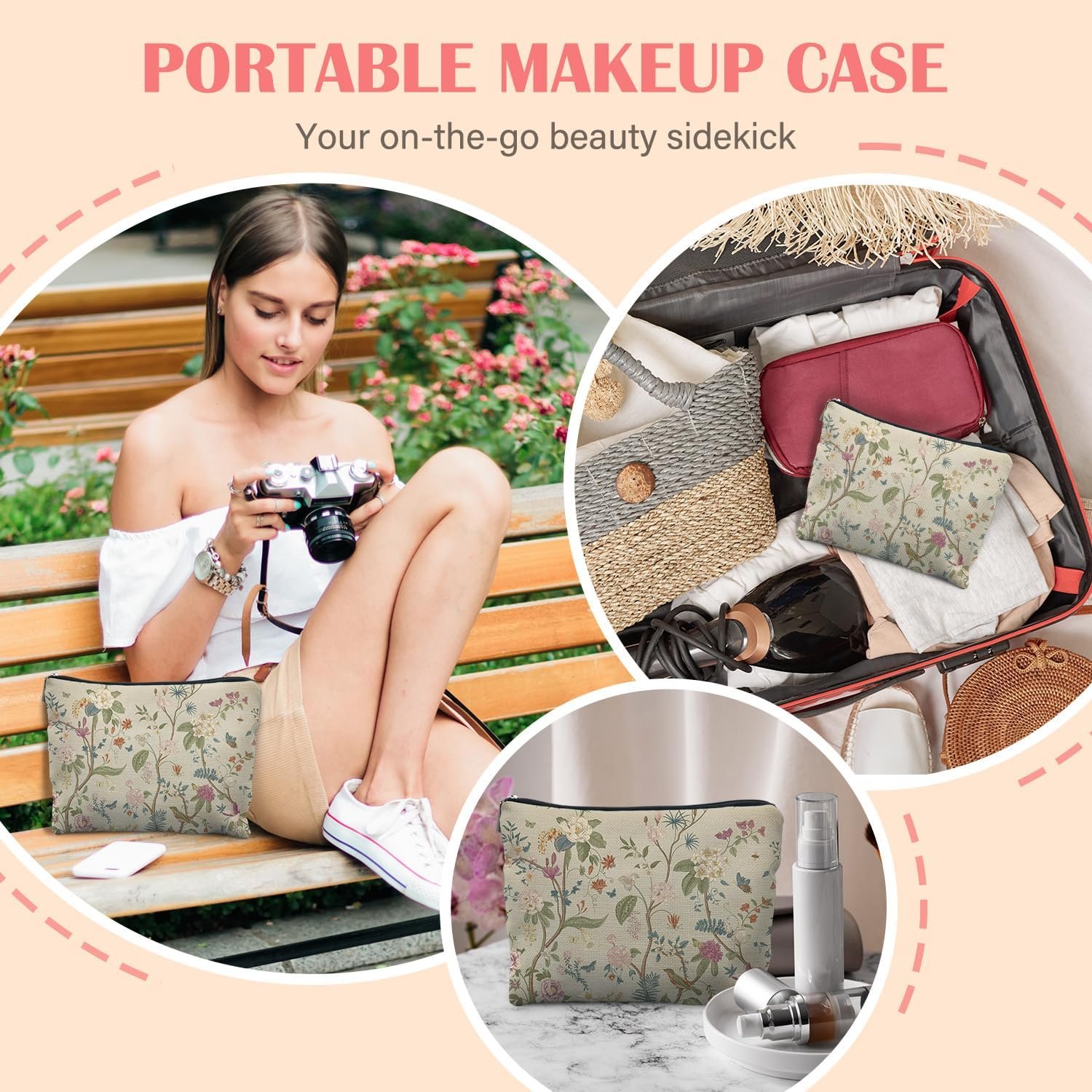 Custom Logo Vintage Floral Bird Makeup Bag for Women Private Label Oriental Chinoiserie Pastel Wildflower Cosmetic Zipper Pouch Manufacturer
