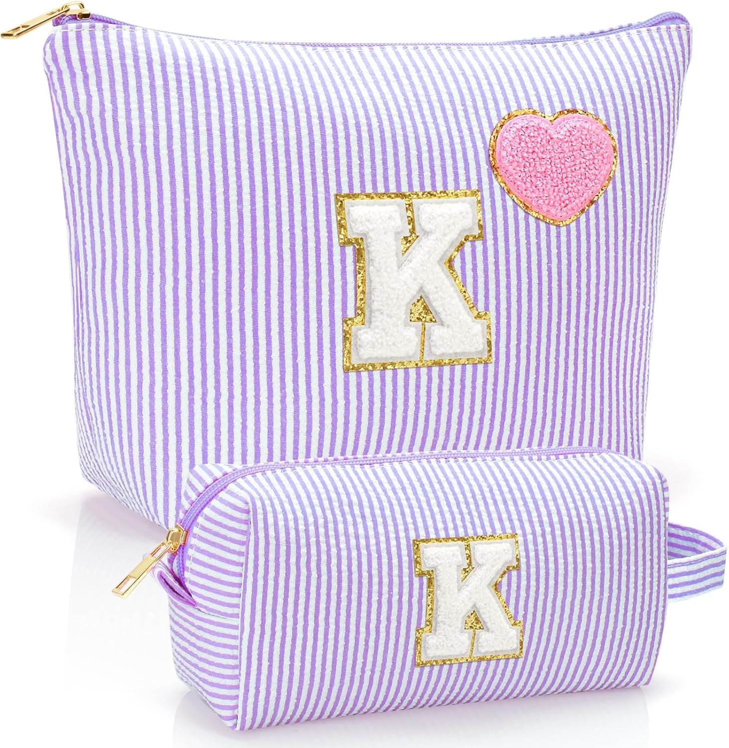 Private Label Personalized Preppy Makeup Cosmetic Bag Custom Logo Toiletry Travel Pouch Purse for Teen Girls Women Kids Holiday Birthday Christmas Gifts 2pack (K, Purple) Manufacturer