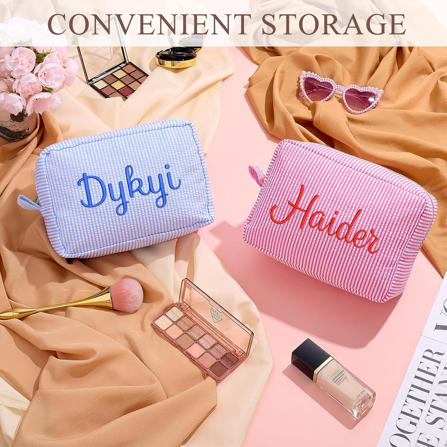 Private Label Personalized Cosmetic Bag with Name and Custom Logo, Cute Seersucker Makeup Travel Organizer Pouch for Women Girls Bridesmaid Cute Pattern Matching Bags Manufacturer