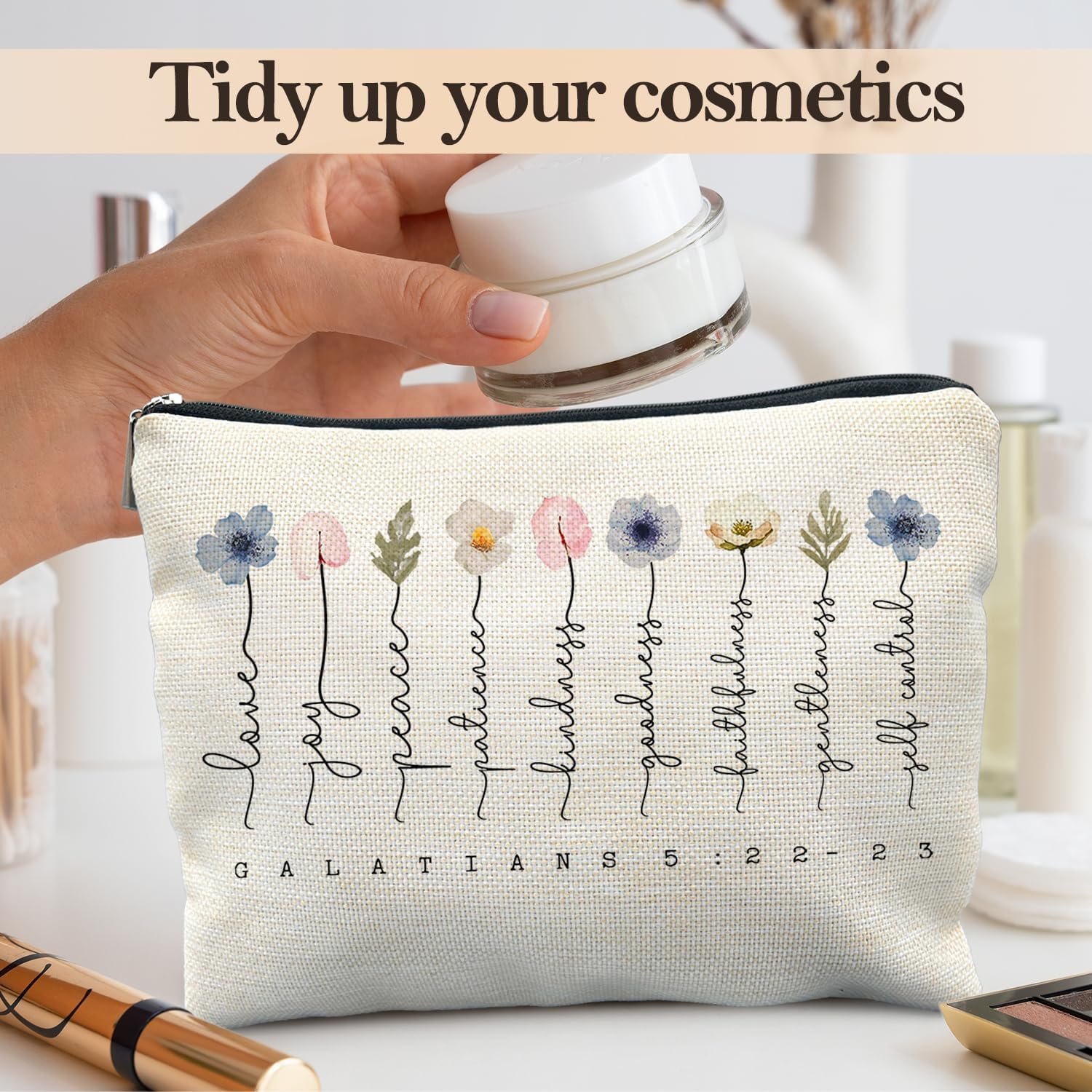 Private Label Floral Christian Makeup Bags for Women Custom Logo Galatians 5:22-23 Bible Verse Zipper Pouch Manufacturer