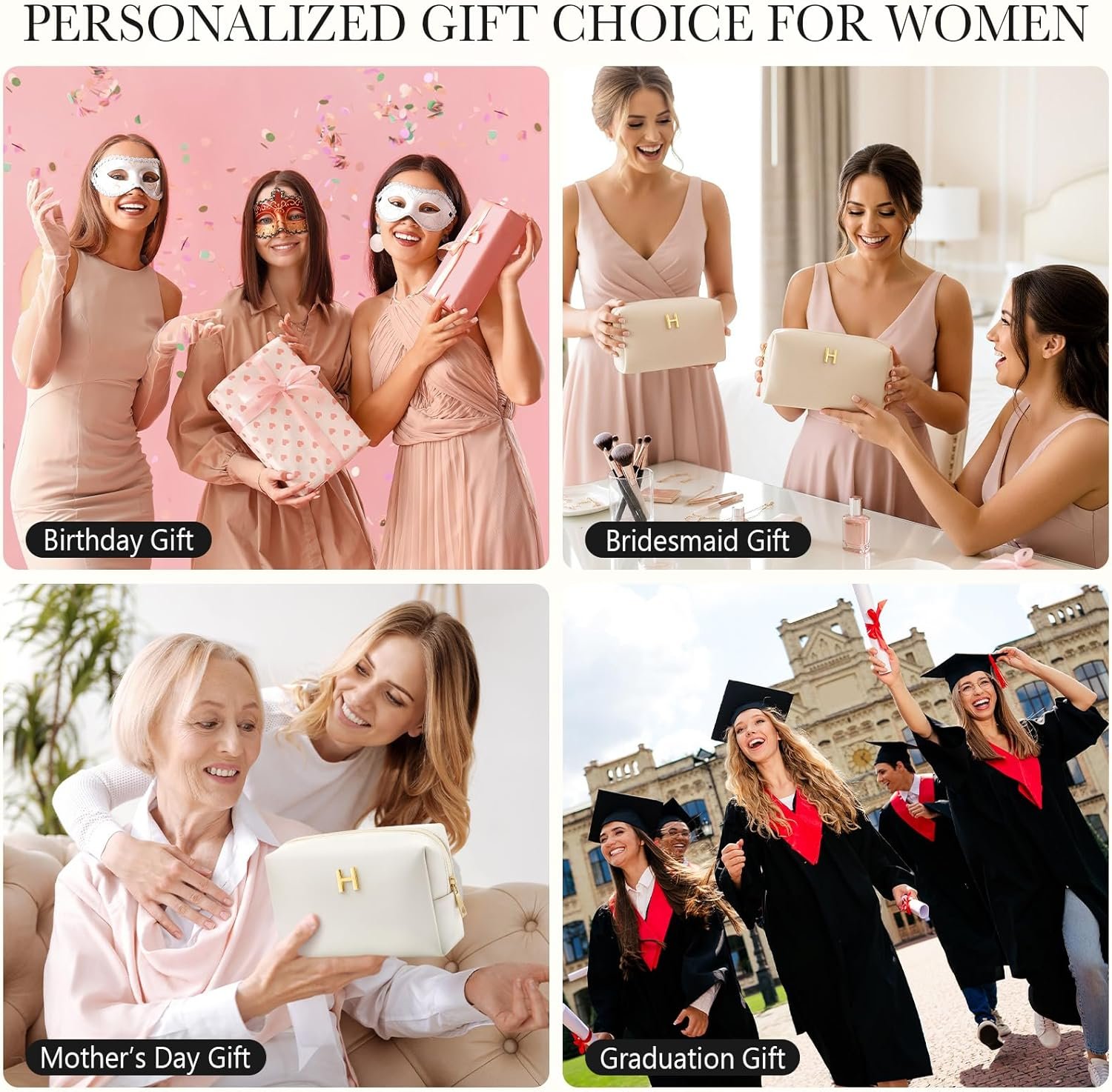 Custom Logo PU Leather Monogram Makeup Bag Personalized Cosmetic Travel Toiletry Pouch for Women Girls Bridesmaids Private Label Christmas Birthday Wedding Gifts Stocking Stuffers Manufacturer (H)