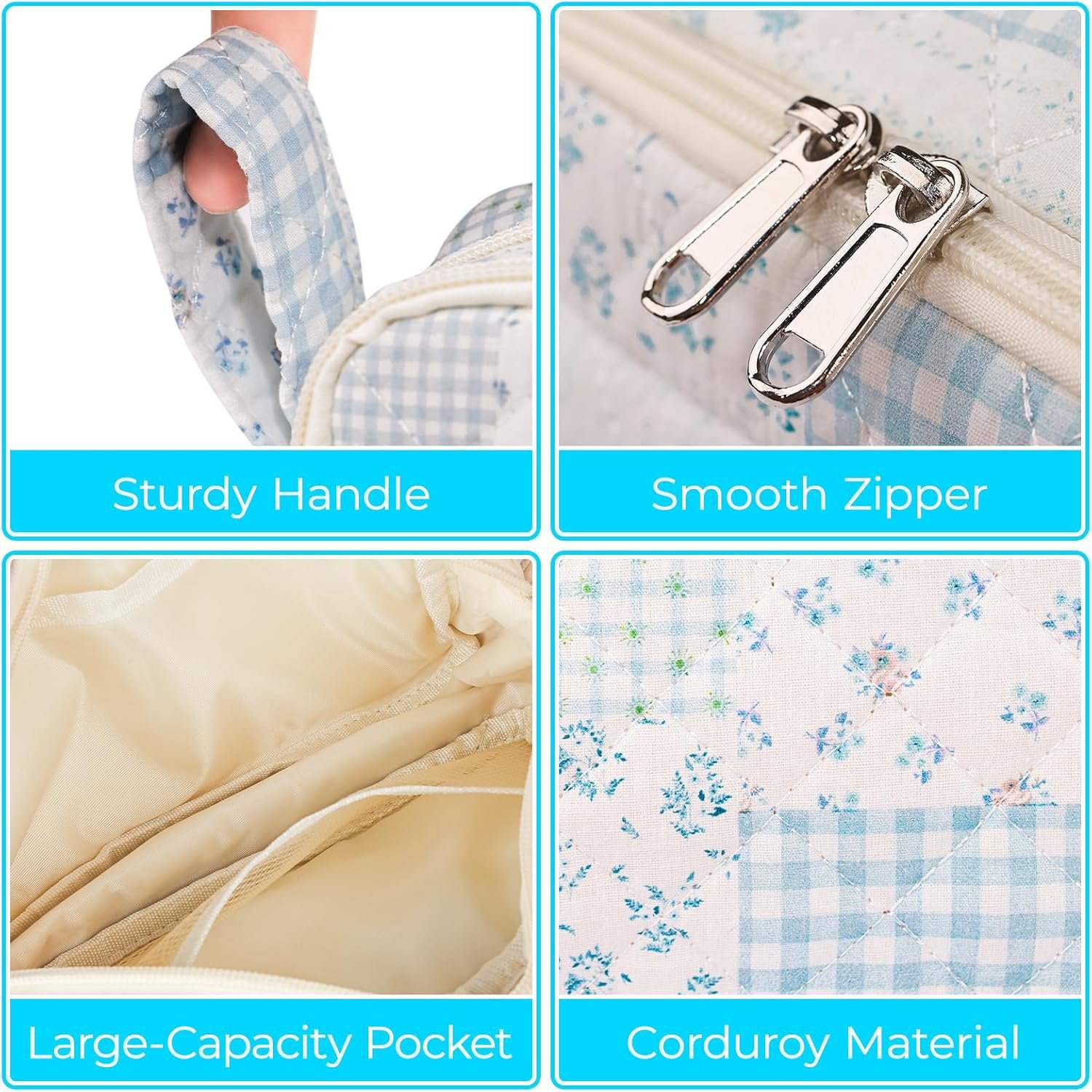 Private Label Large Quilted Pencil Pouch for Girls Women with Custom Logo Compartments Cute Aesthetic Floral Pencil Case Organizer Manufacturer for School Supplies (Green Blue Pin)