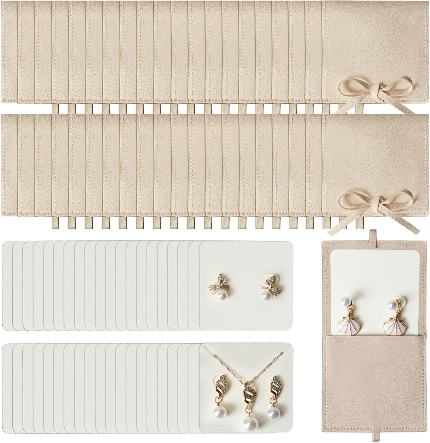 Private Label 80Pcs 40 Sets 8x8cm Beige Microfiber Jewelry Pouches with Dividers for Bracelet Necklace Packaging and 40 Luxury Small Gift Cards Bow Ties Custom Logo Manufacturer