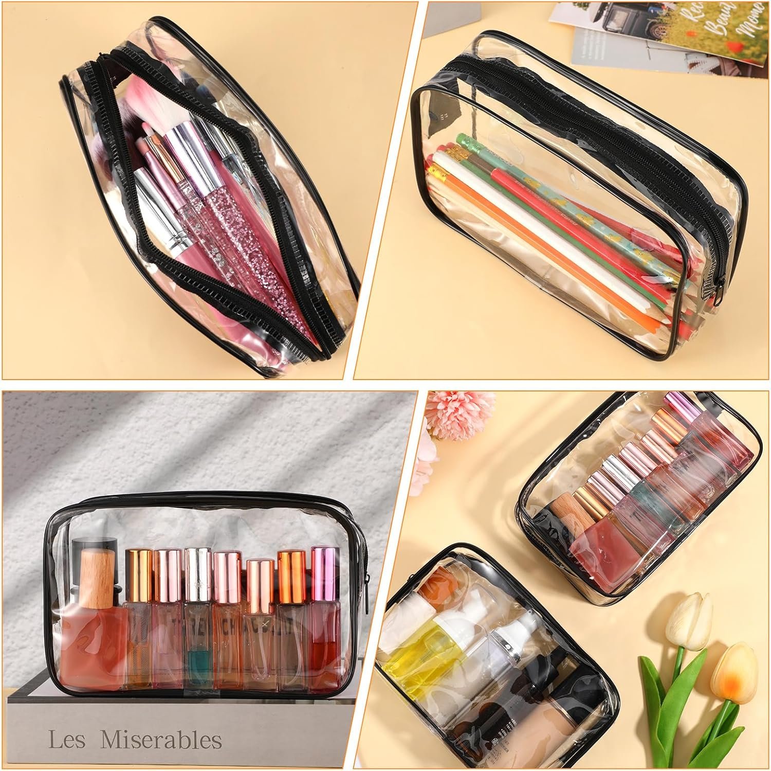 Private Label 2Pcs Big Clear Toiletry Bags with Zipper Custom Logo Multi-use Travel Makeup Brush Bags Transparent PVC Cosmetic Cases Supplier (Black)
