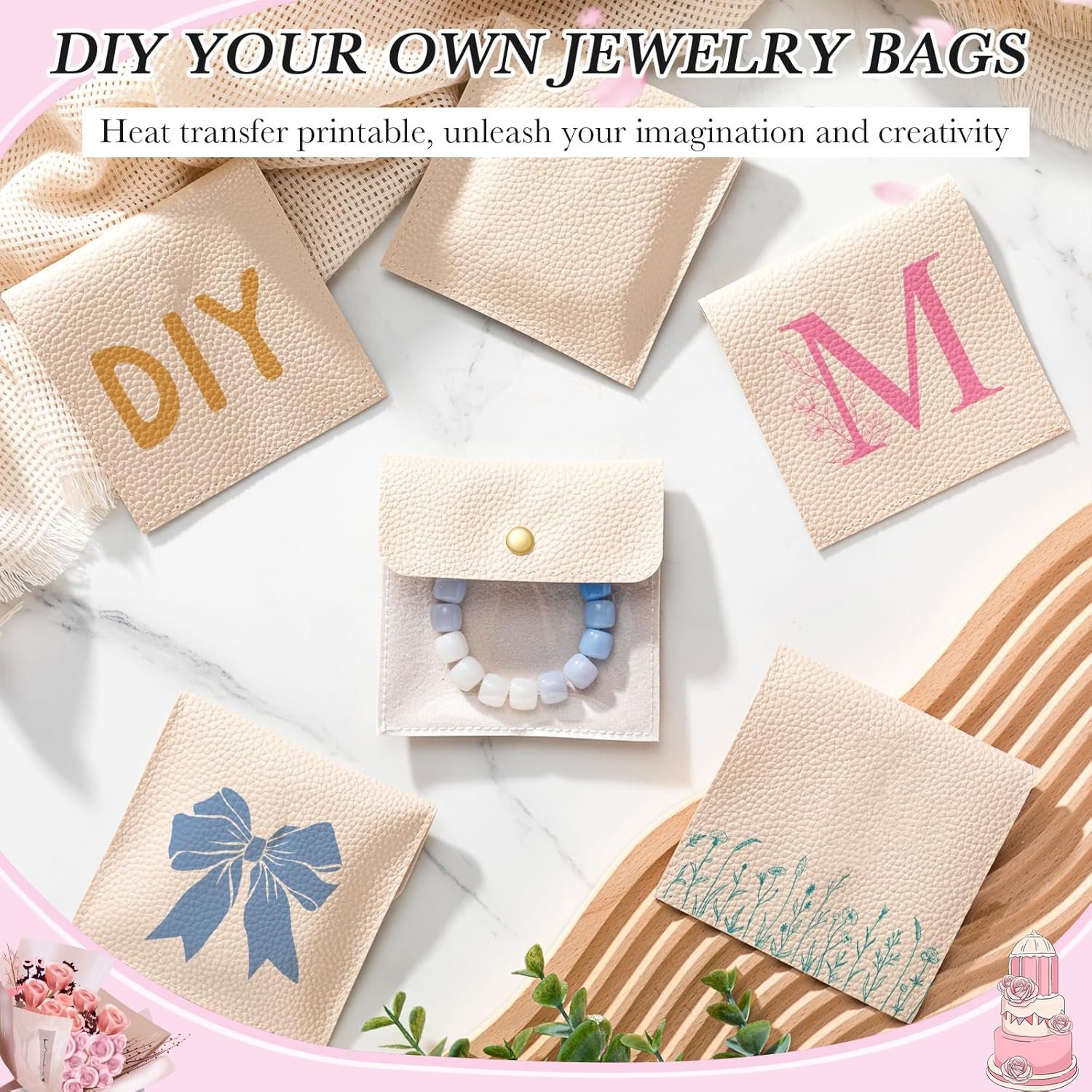 Private Label 18 Pcs 4 x 4 Inch Small Velvet PU Leather Jewelry Travel Pouches with Custom Logo Organizer Bags Manufacturer Beige