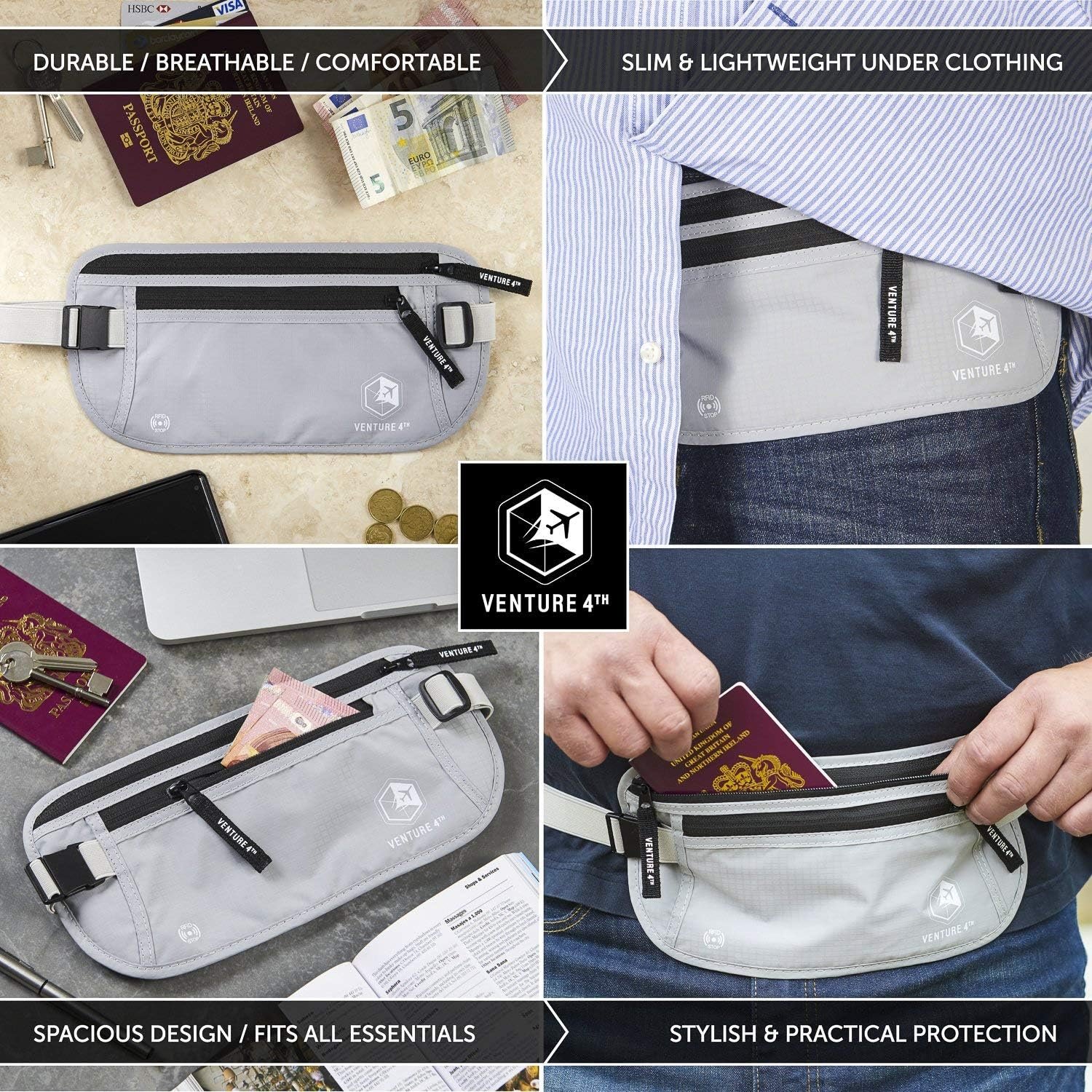 Custom Logo Money Belt for Travel – Hidden Under-Clothes RFID Blocking Private Label Passport Holder & Slim Travel Wallet Pouch for Men & Women Protecting Cash Cards & Documents Manufacturer (Silver)