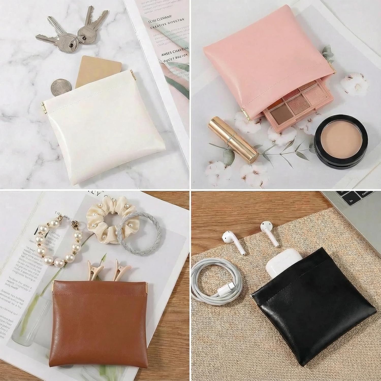 Private Label 4Pcs Small Lambskin Leather Cosmetic Makeup Coin Purse Organizer Pouches for Purse Custom Logo Snap Closure Waterproof Portable Lipstick Bags Manufacturer