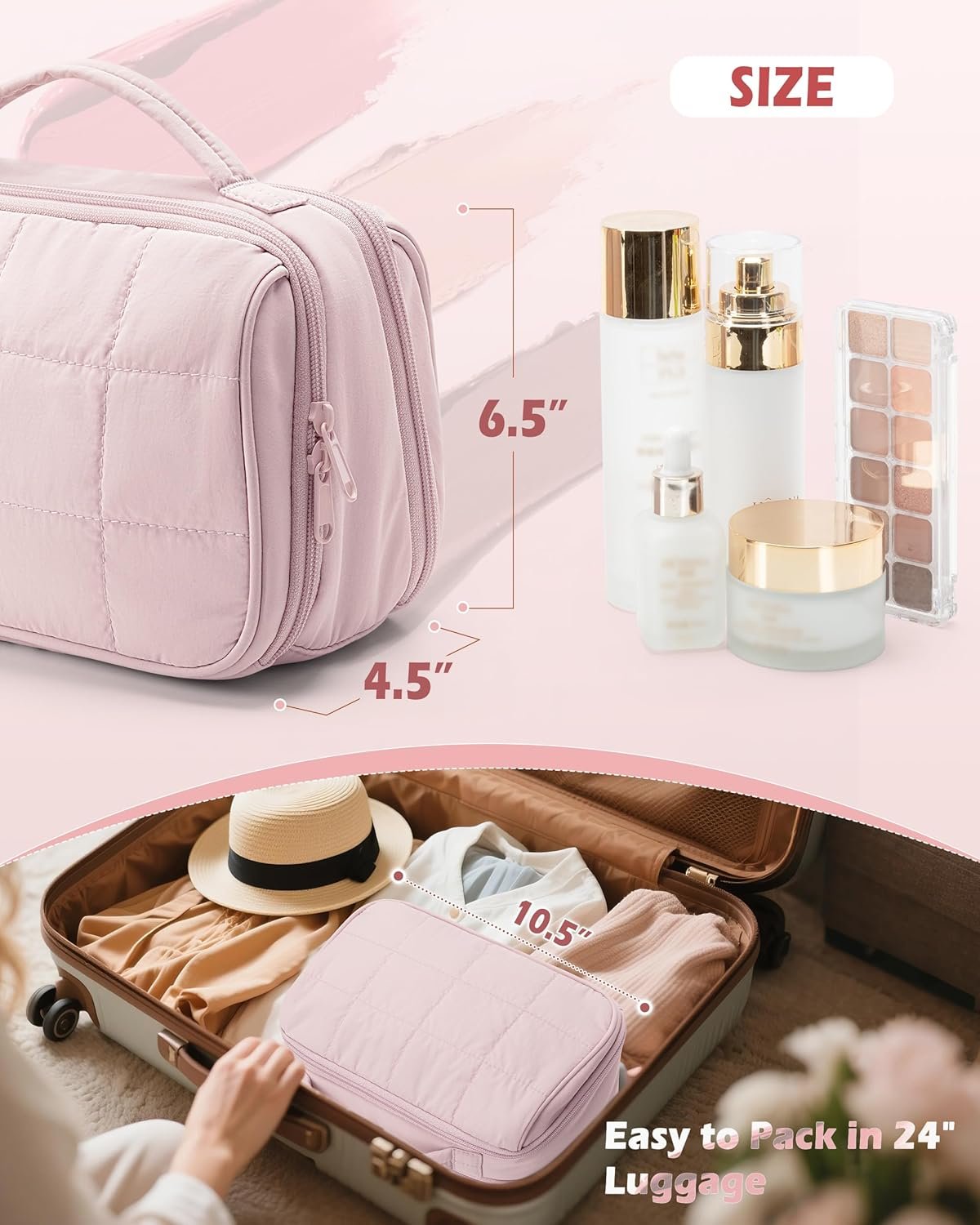 Private Label Travel Makeup Bag for Women Puffy Cosmetics Organizer with Custom Logo Waterproof Pockets Toiletry Pouch for Makeup Brushes Skincare & Travel Essentials from Manufacturer Pink (Bag Only)
