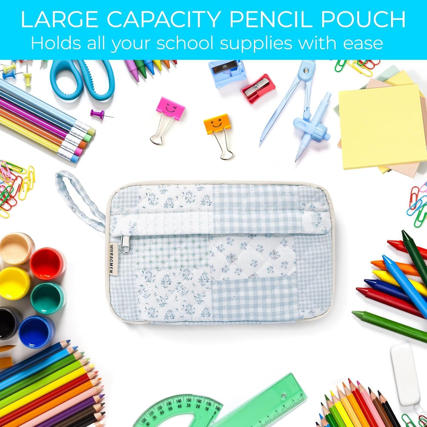 Private Label Large Quilted Pencil Pouch for Girls Women with Custom Logo Compartments Cute Aesthetic Floral Pencil Case Organizer Manufacturer for School Supplies (Green Blue Pin)