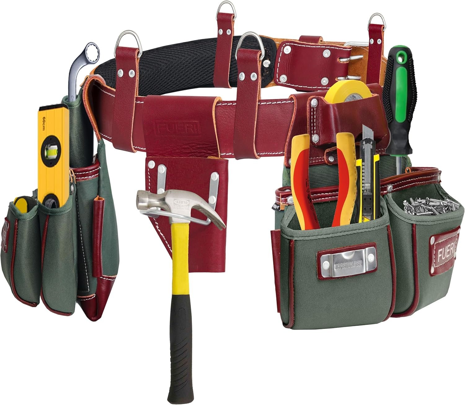 Private Label Tool Belt for Men Heavy Duty 1680D Double Layer Nylon & Grain Leather Adjustable Padded Belt 19 Pockets Hammer Holder Custom Logo Factory for Carpenters Framers Construction