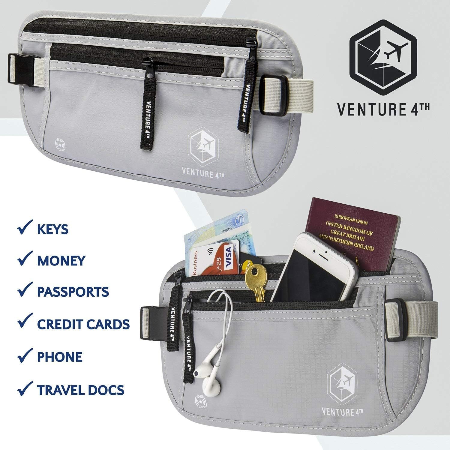 Custom Logo Money Belt for Travel – Hidden Under-Clothes RFID Blocking Private Label Passport Holder & Slim Travel Wallet Pouch for Men & Women Protecting Cash Cards & Documents Manufacturer (Silver)