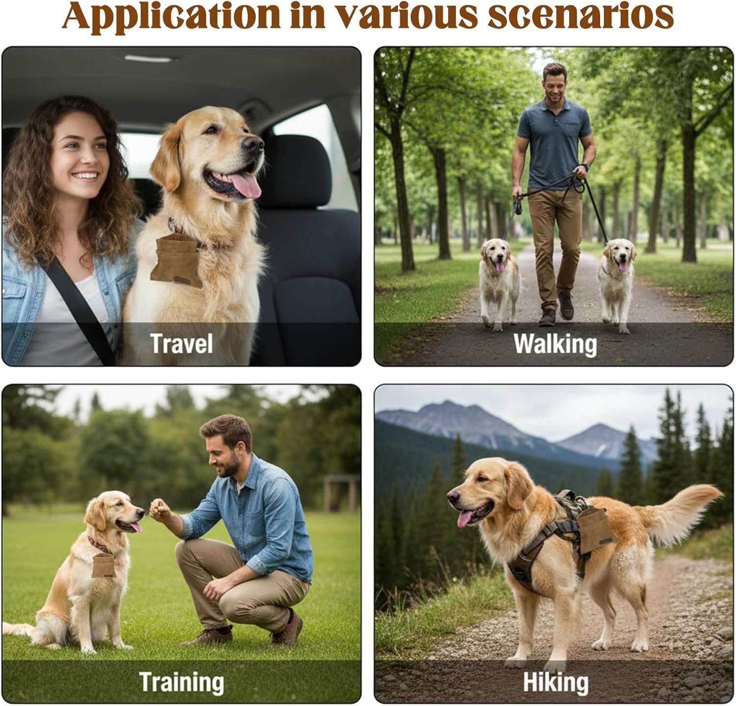 Custom Logo 2Pcs Hands-Free Dog Treat Pouch with Carabiner, Portable Auto-Closing Puppy Snack Bag for Walking Training Private Label Manufacturer Brown & Grey