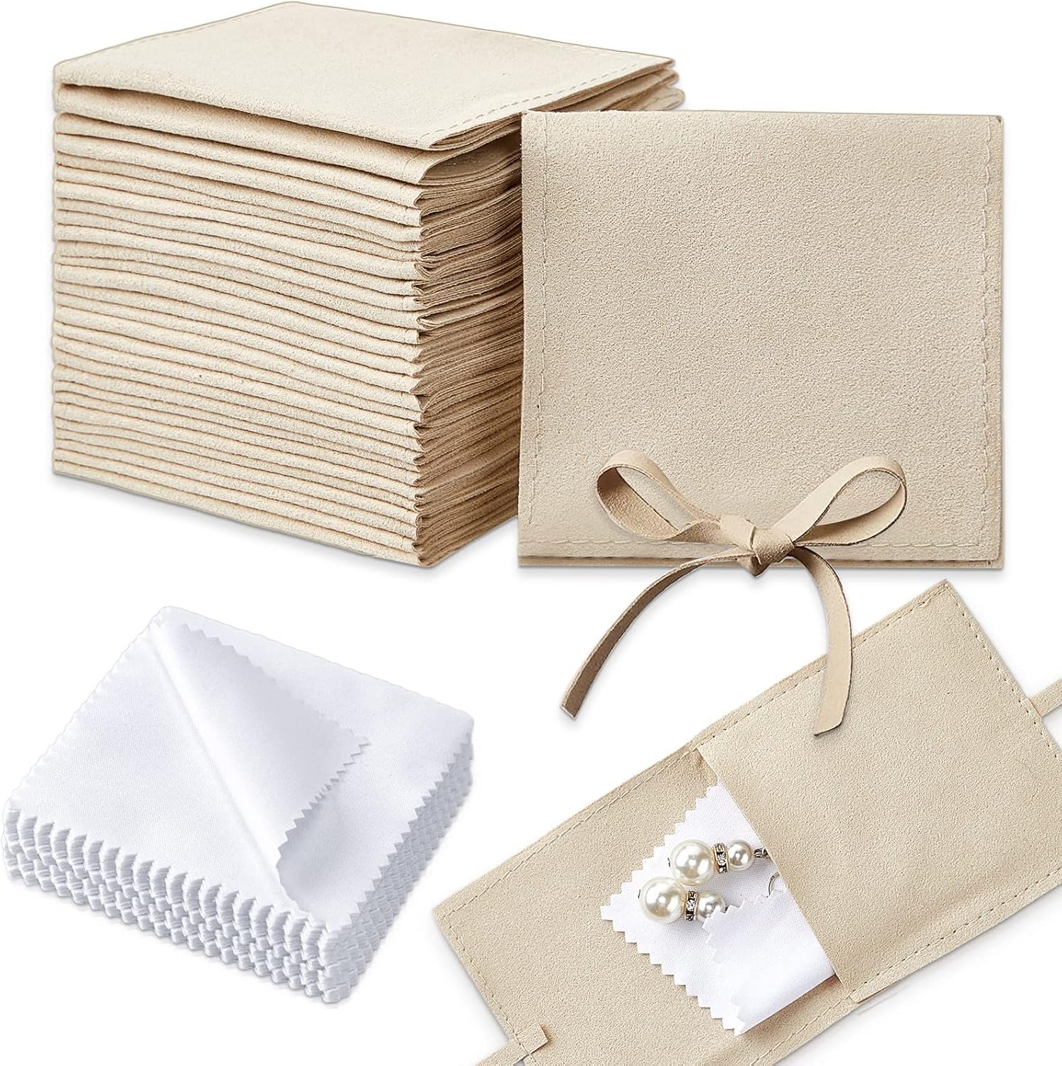 Private Label 30 Pcs 8 x 8 cm Microfiber Jewelry Pouches Custom Logo Luxury Packaging with Cleaning Cloth for Bracelets Bow Ties Envelope Style String Divider Supplier Khaki White