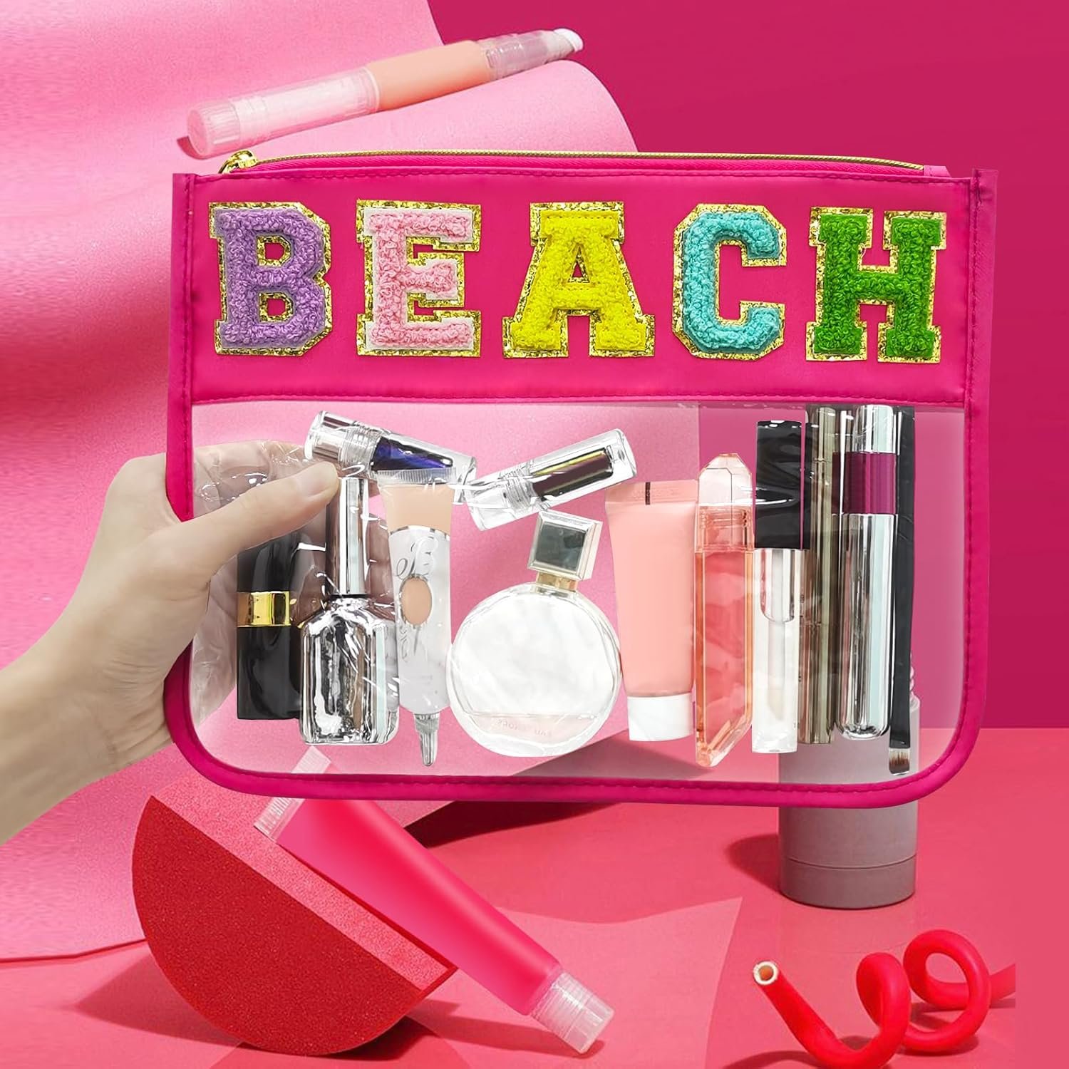 Custom Logo Chenille Letter Clear Beach Bag Nylon Makeup Zipper Pouch Private Label Travel Cosmetic Toiletry SPF Sunscreen Bag Waterproof Beach Vacation Accessories for Women Rose Red Manufacturer
