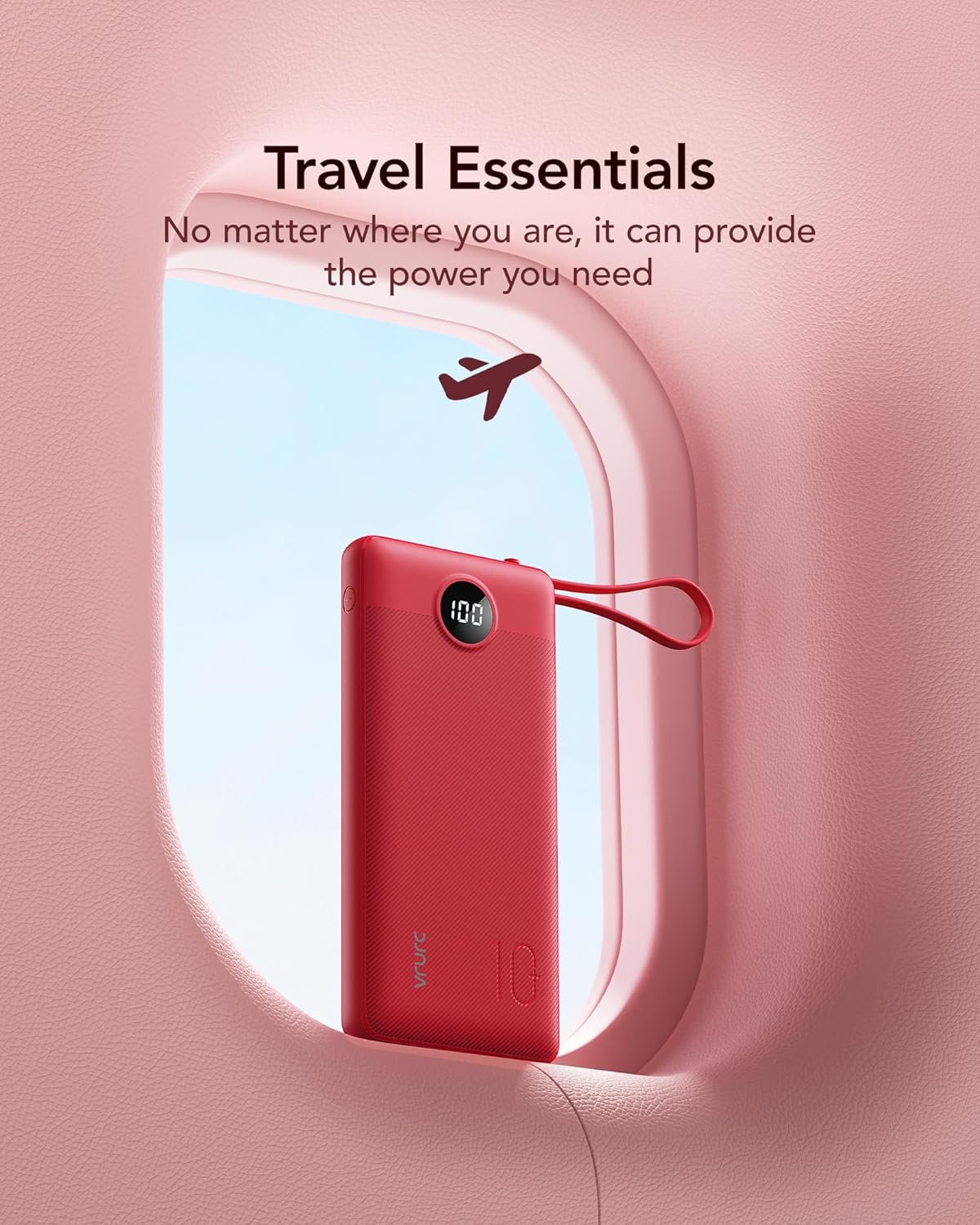 Private Label 10000mAh Portable Charger Manufacturer Power Bank Built-in Cables Slim Compact Travel Essential 5 Outputs 2 Inputs USB C Battery Pack for iPhone 17 16 15 14 13 Samsung Android Custom Logo -Magenta