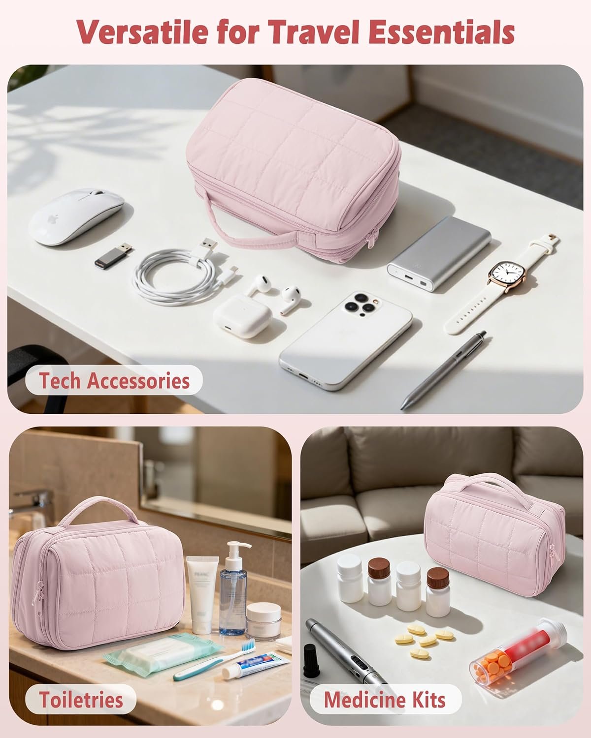 Private Label Travel Makeup Bag for Women Puffy Cosmetics Organizer with Custom Logo Waterproof Pockets Toiletry Pouch for Makeup Brushes Skincare & Travel Essentials from Manufacturer Pink (Bag Only)