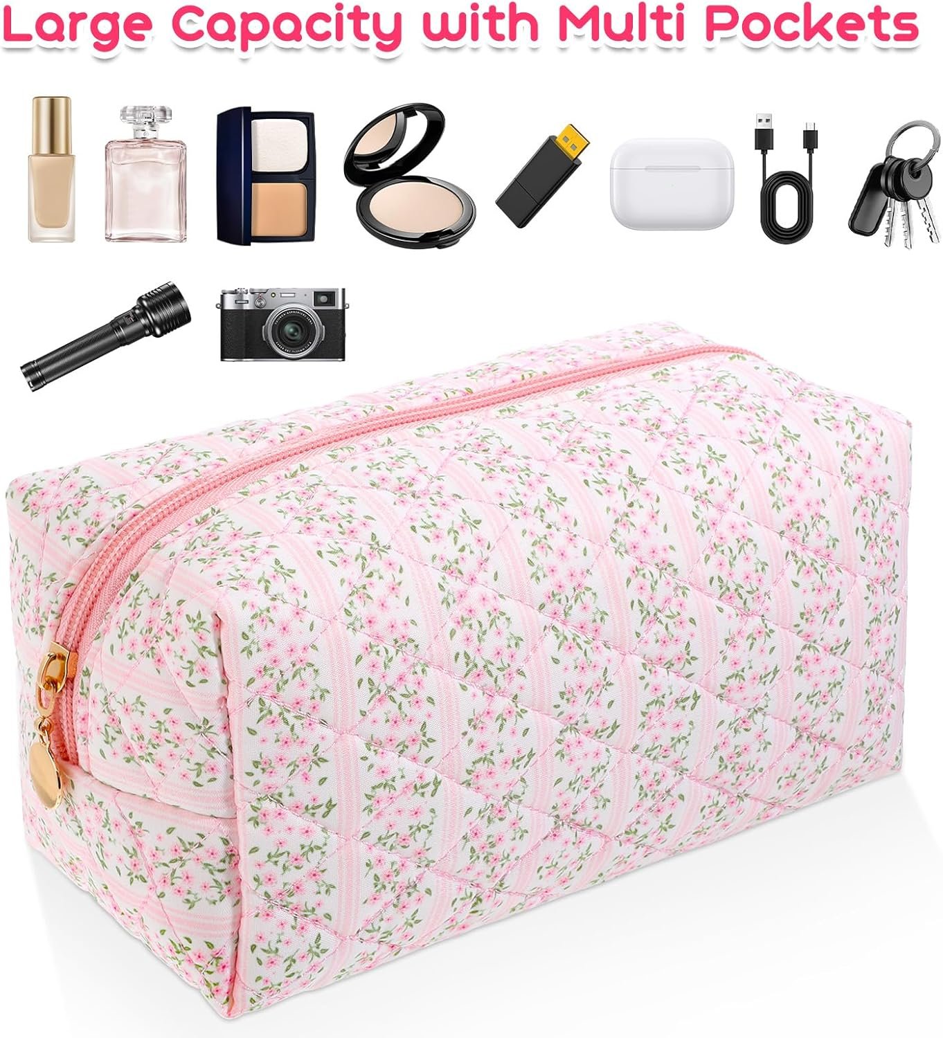 Custom Logo Floral Quilted Makeup Bag Travel Cosmetic Organizer Pink Flowers Zipper Toiletry Pouch Private Label Portable Cloth Storage Pen Case for Women Girls Manufacturer