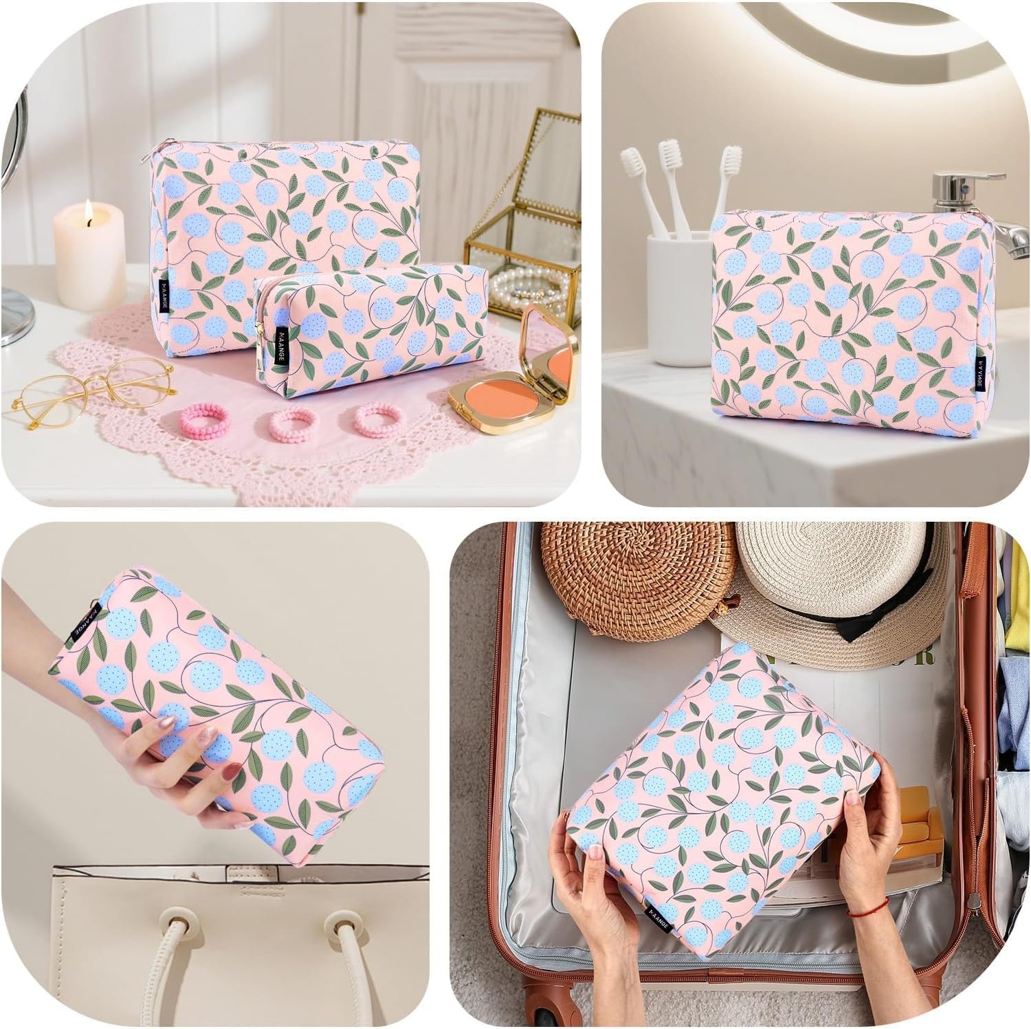 Custom Logo 2PCS Makeup Bag for Women Cosmetic Bag Set Portable Travel Organizer Manufacturer Impermeable Oxford Cloth Gold Zipper Pink Plants Private Label Bolsa de Maquillaje