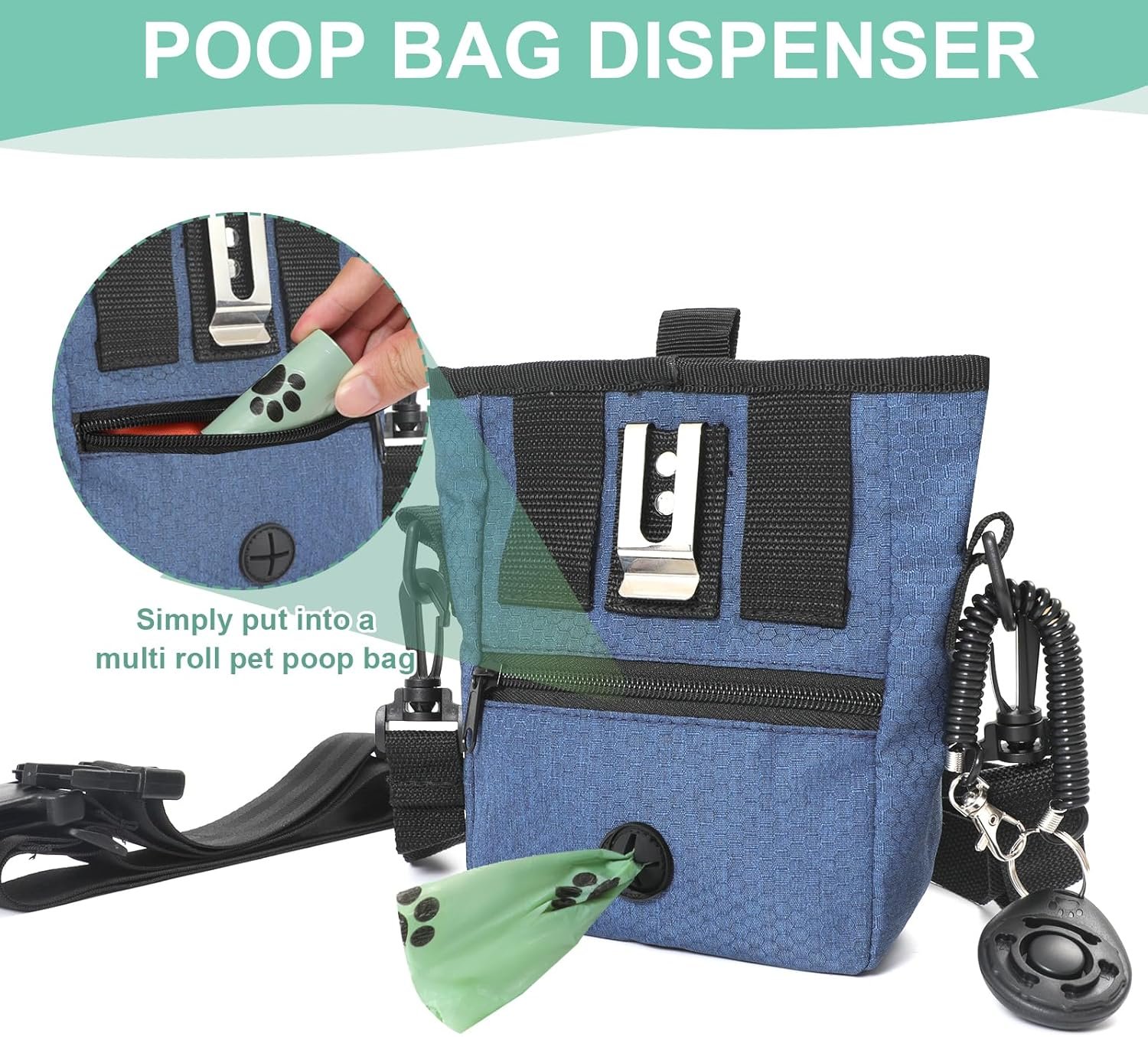 Private Label Dog Treat Pouch with Magnetic Closure Training Clicker Hands-Free Spill-Proof Design Built-in Poop Bag Dispenser Custom Logo 3 Ways to Wear Metal Clip Waist Belt Fanny Pack for Pet Walking by Manufacturer (Blue)