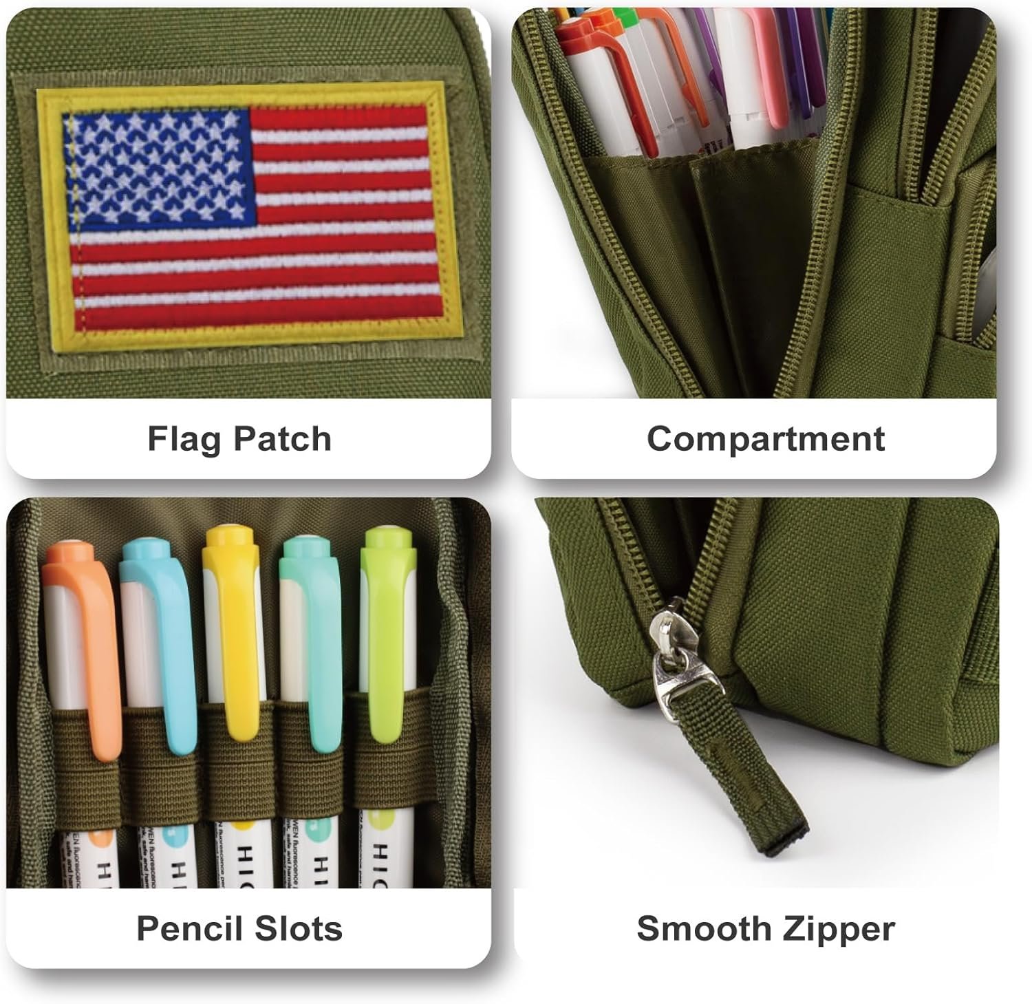 Private Label Large Capacity Tactical Pencil Case Pen Pouch Organizer Canvas Pencil Bag with Handle and Custom Logo for Teen Boys School Supplies Manufacturer - Green