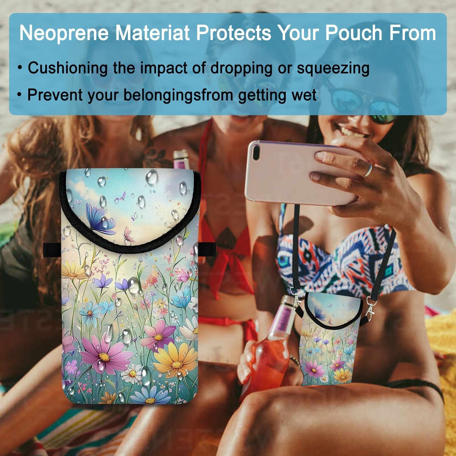 Private Label Neoprene Cell Phone Sleeve Pouch Case Bag with Custom Logo Crossbody Strap Neck Lanyard for Women 7.5 X 4.3 in Colorful Flowers Manufacturer