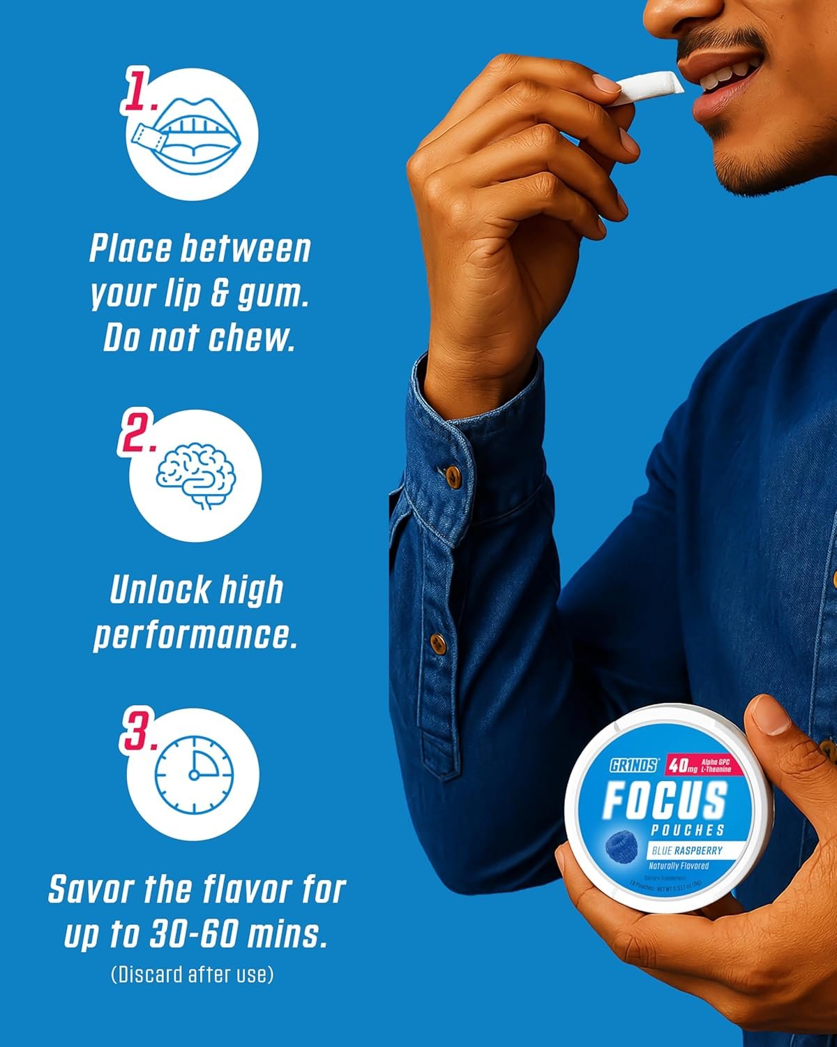 Custom Logo Focus Pouches Naturally Flavored with Nootropic Ingredients Alpha GPC and L-Theanine Private Label Nicotine-Free Sugar-Free 3 Pack 18 Pouches Per Can Blue Raspberry Manufacturer