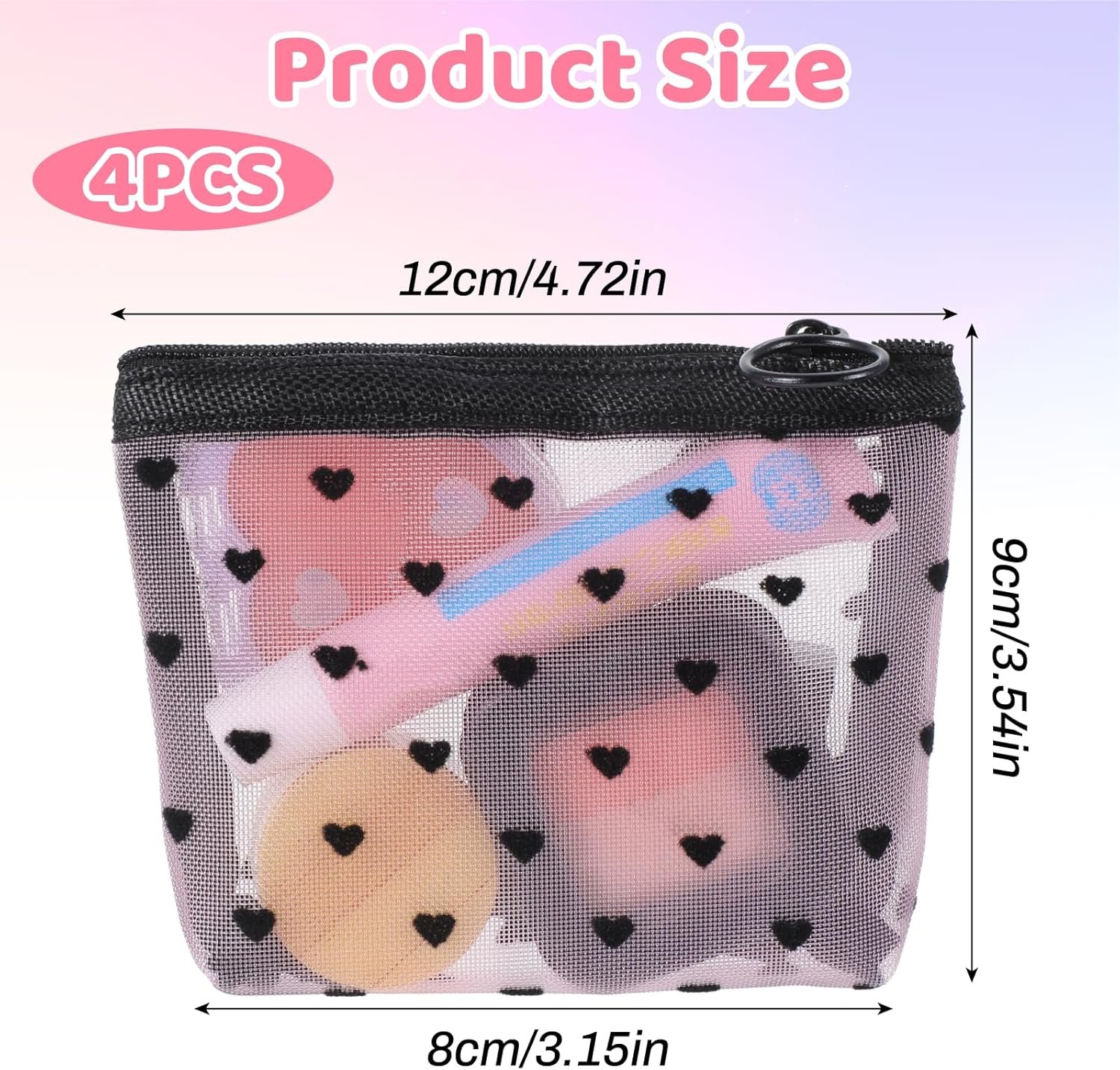 Factory 4pcs Heart Print Mini Mesh Zipper Pouches Private Label Grid Cosmetic Bags Custom Logo Small Makeup Storage for Travel Pink Beige Black White