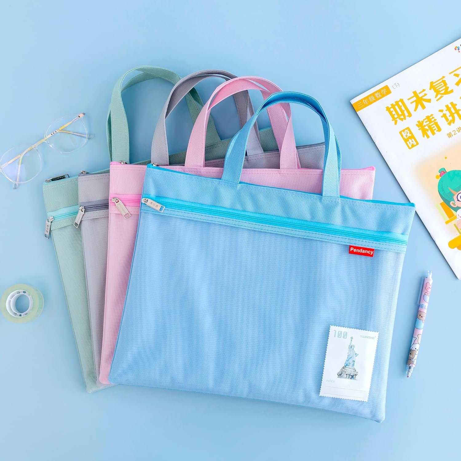 Private Label Mesh Zipper Pouch 11x13.7 in Large Double Pocket Waterproof File Bag with Handle Custom Logo A4 Size Foldable Document Storage Manufacturer for Puzzle Project Cross Stitch Travel Office Pink