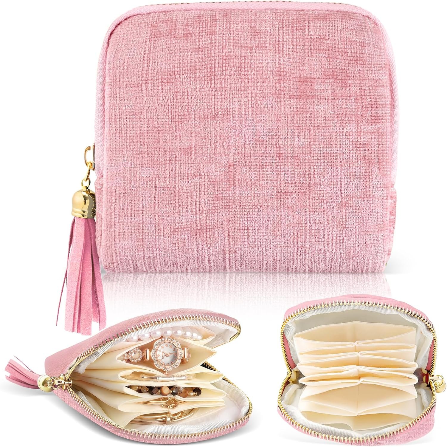 Private Label Small Mini Travel Jewelry Organizer Custom Logo Portable Soft Velvet Pouch with Zipper for Bracelets Rings Earrings Women Pink Manufacturer