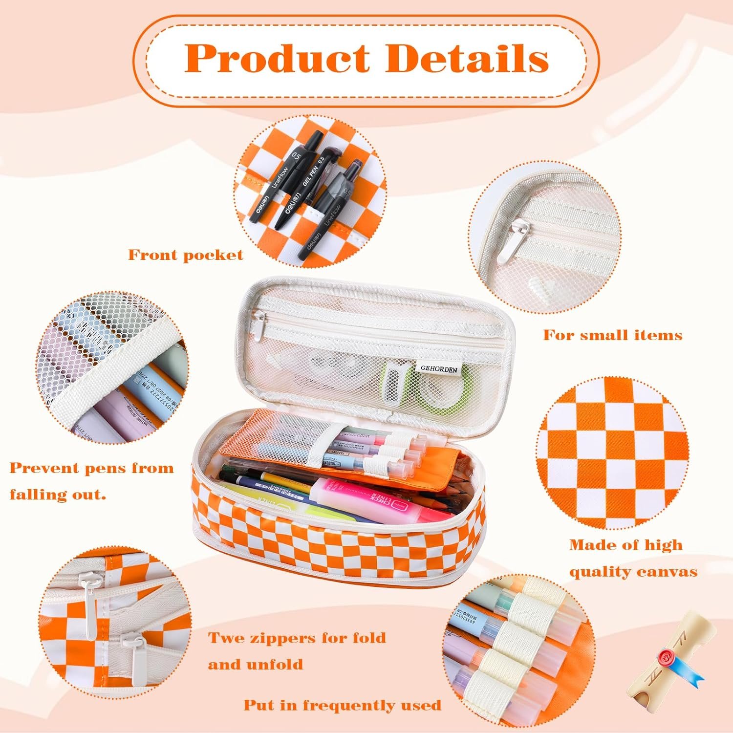 Private Label Orange Checkered Pencil Pouch with Custom Logo Zipper for Teens Girls Students Back to School Manufacturer