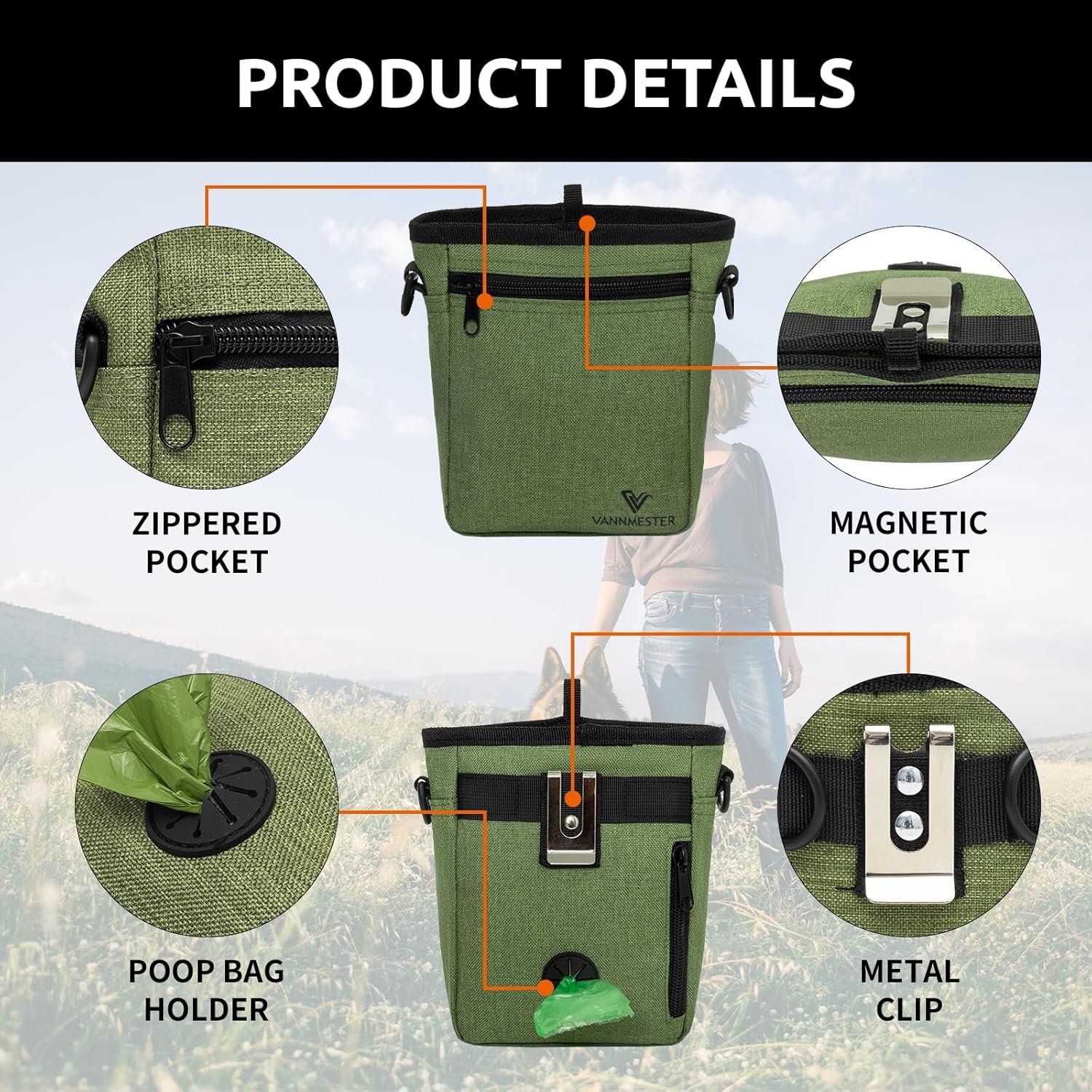 Private Label 4 Cup Dog Treat Pouch with Stronger Magnetic Closure Front Pocket Fits All Phones Custom Logo Built-in Poop Bag Dispenser Manufacturer (Green)