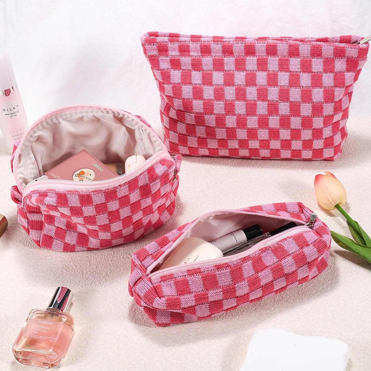 Custom Logo 3Pcs Checkered Makeup Cosmetic Bag Set Travel Toiletry Large Small Pouches for Purse Women Cute Preppy Pink Zipper Pencil Case Manufacturer Private Label Skincare Bags