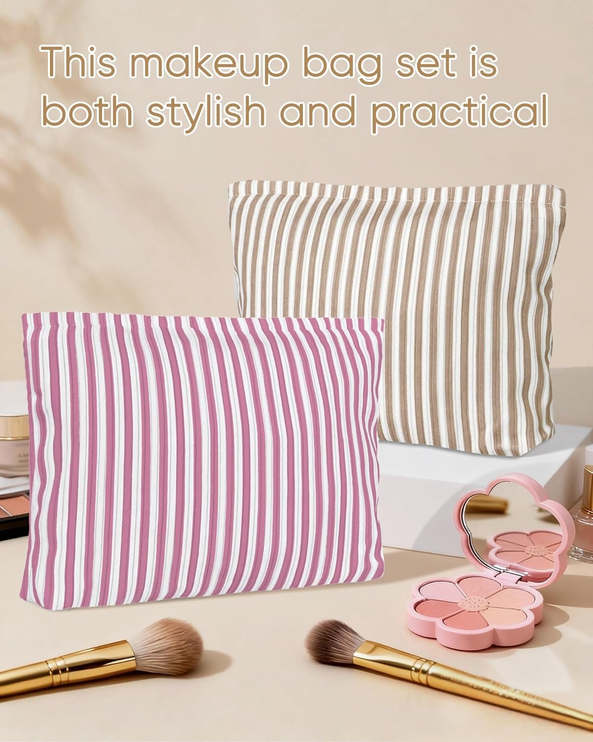 Private Label Cute Brown Beige Vertical Striped Small Makeup Pouch Manufacturer for Women Zipper Cosmetic Travel Toiletry Custom Logo