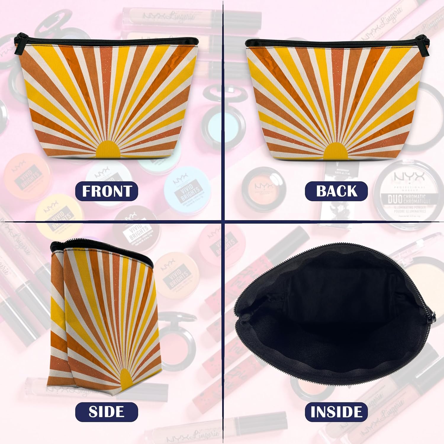 Private Label Makeup Bag for Purse Waterproof Funny Vintage Boho Sun Cosmetic for Women Custom Logo Zipper Travel Toiletry Pouch Grunge Sunburst Gift Manufacturer 9.5×5.9 Inch