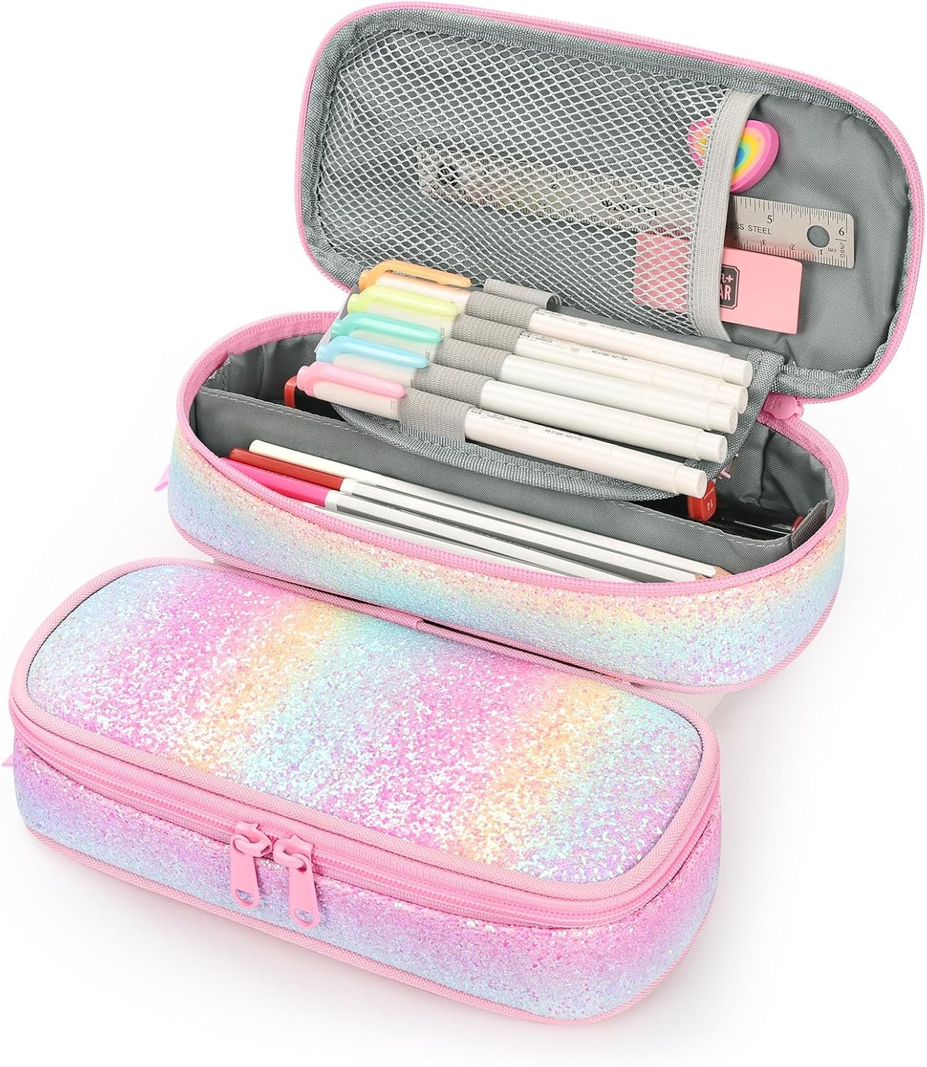 Custom Logo Girls Multi-Slot Pencil Case for Kids Private Label Pink Blue Rainbow Supplier