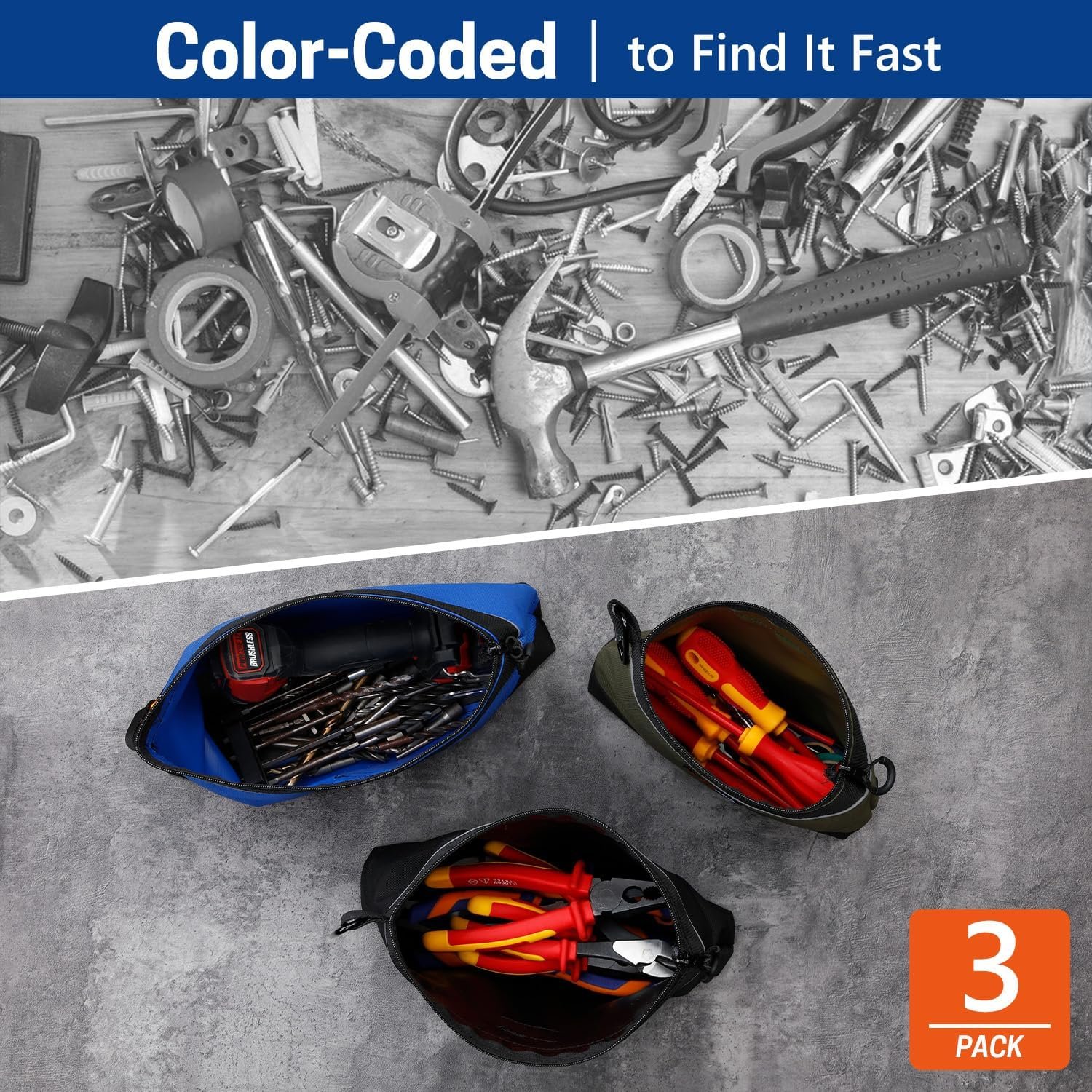 Private Label Zipper Tool Pouches Manufacturer Multi-Purpose Utility Organizer Bags for Small Hand Tools Screws Nails Hardware Pliers Wrenches Custom Logo Storage Pouch Set for Electricians Plumbers HVAC Mechanics