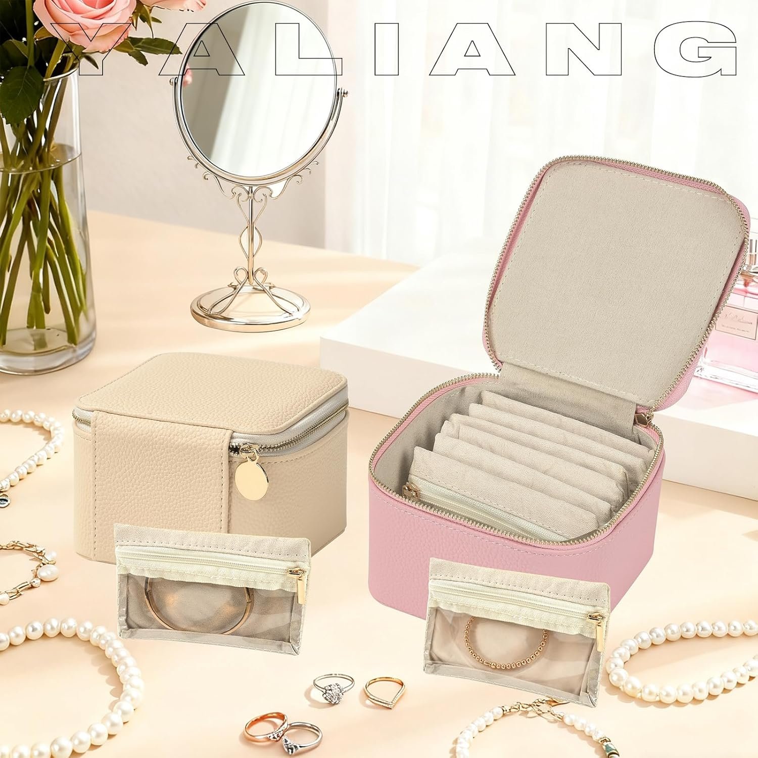 Custom Logo Travel Jewelry Organizer Private Label Box with 6 Velvet Zipped Pouches for Necklaces Rings Earrings Storage Gifts for Women and Girls Blush Manufacturer