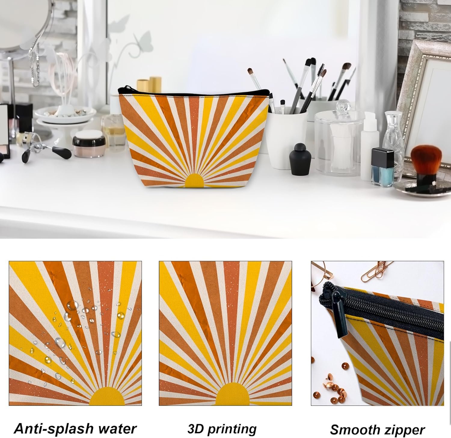 Private Label Makeup Bag for Purse Waterproof Funny Vintage Boho Sun Cosmetic for Women Custom Logo Zipper Travel Toiletry Pouch Grunge Sunburst Gift Manufacturer 9.5×5.9 Inch