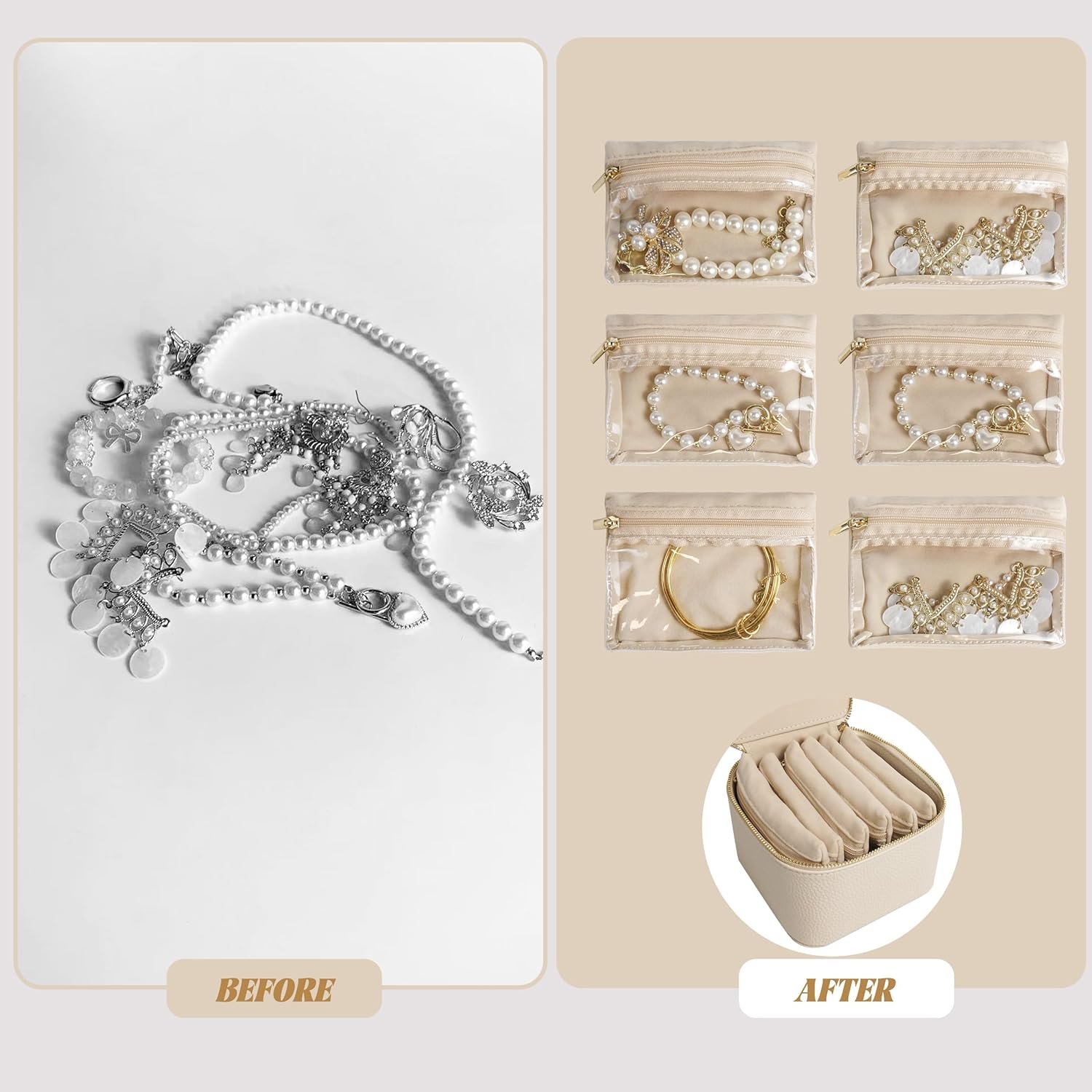 Private Label 6 Pcs Travel Jewelry Organizer Velvet Mini Pouch with Clear Zipper Pocket Custom Logo Lightweight Storage for Rings Earrings Necklaces Traveling Gift for Women Girls Beige Manufacturer