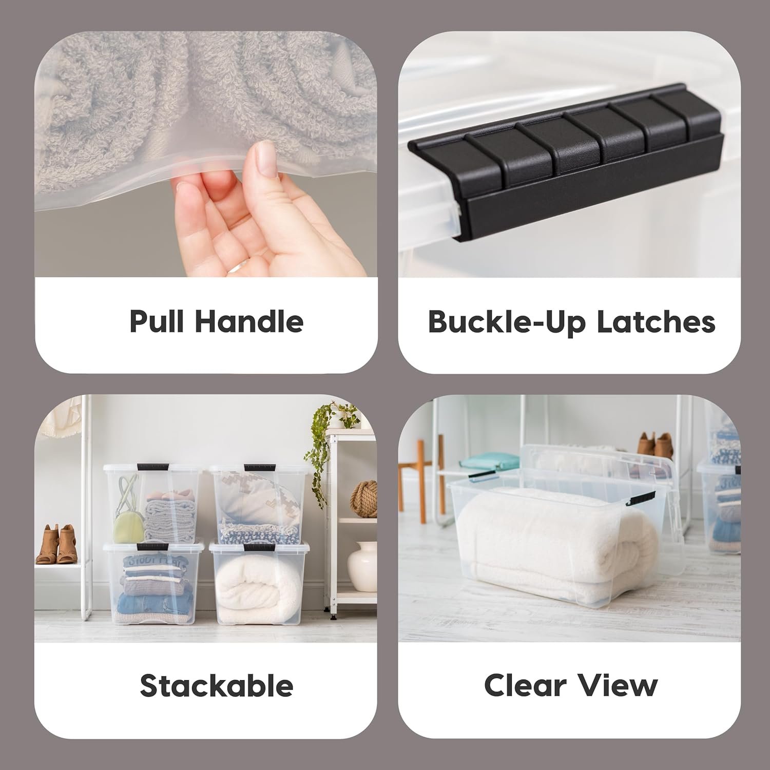 Custom Logo 72 QT Plastic Storage Box with Lid and Latches 4 Pack - Private Label BPA-Free See-Through Durable Nestable Stackable Containers Secure Pull Handle - Clear from Factory