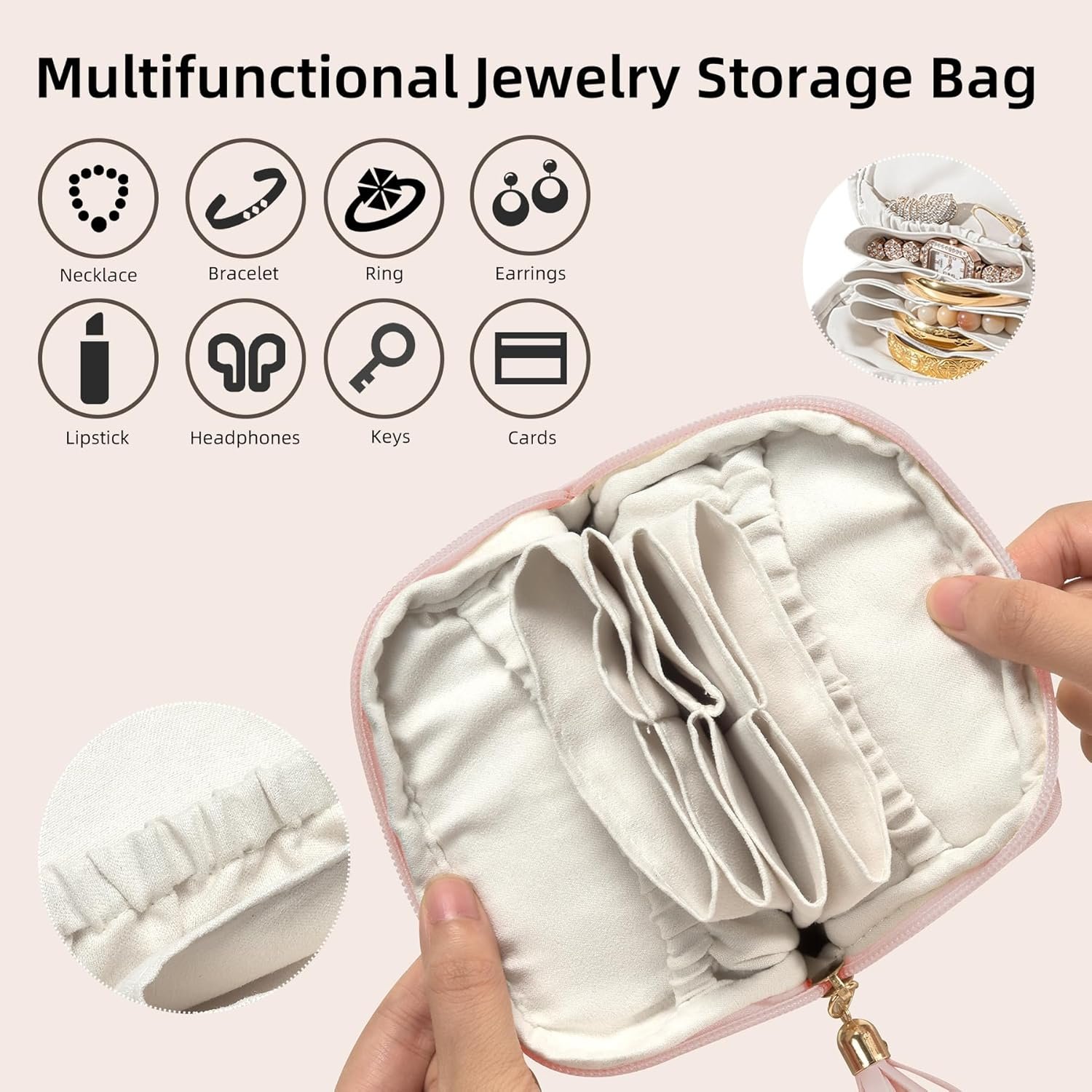 Private Label Mini Small Travel Jewelry Case with Zipper Portable Velvet Pouches for Necklaces Earrings Rings Bracelets Custom Logo Travel Essentials Gifts for Women Girls Blush Manufacturer