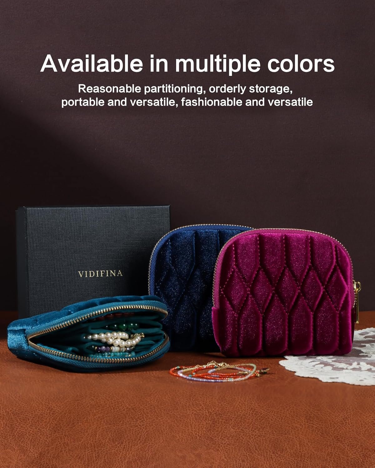 Custom Logo Small Mini 5-Layer Travel Jewelry Zipper Pouch - Private Label Velvet Organizer for Bracelets Rings Earrings Diamond Stitched Rose Purple Manufacturer