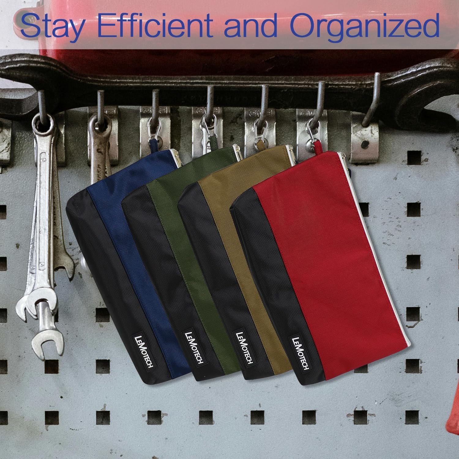 Private Label Stand-Up Zipper Tool Bag with Carabiners, Custom Logo Water Resistant Utility Pouch, 12x6.8-Inch Red/Brown/Blue/Olive 4 Pack Manufacturer